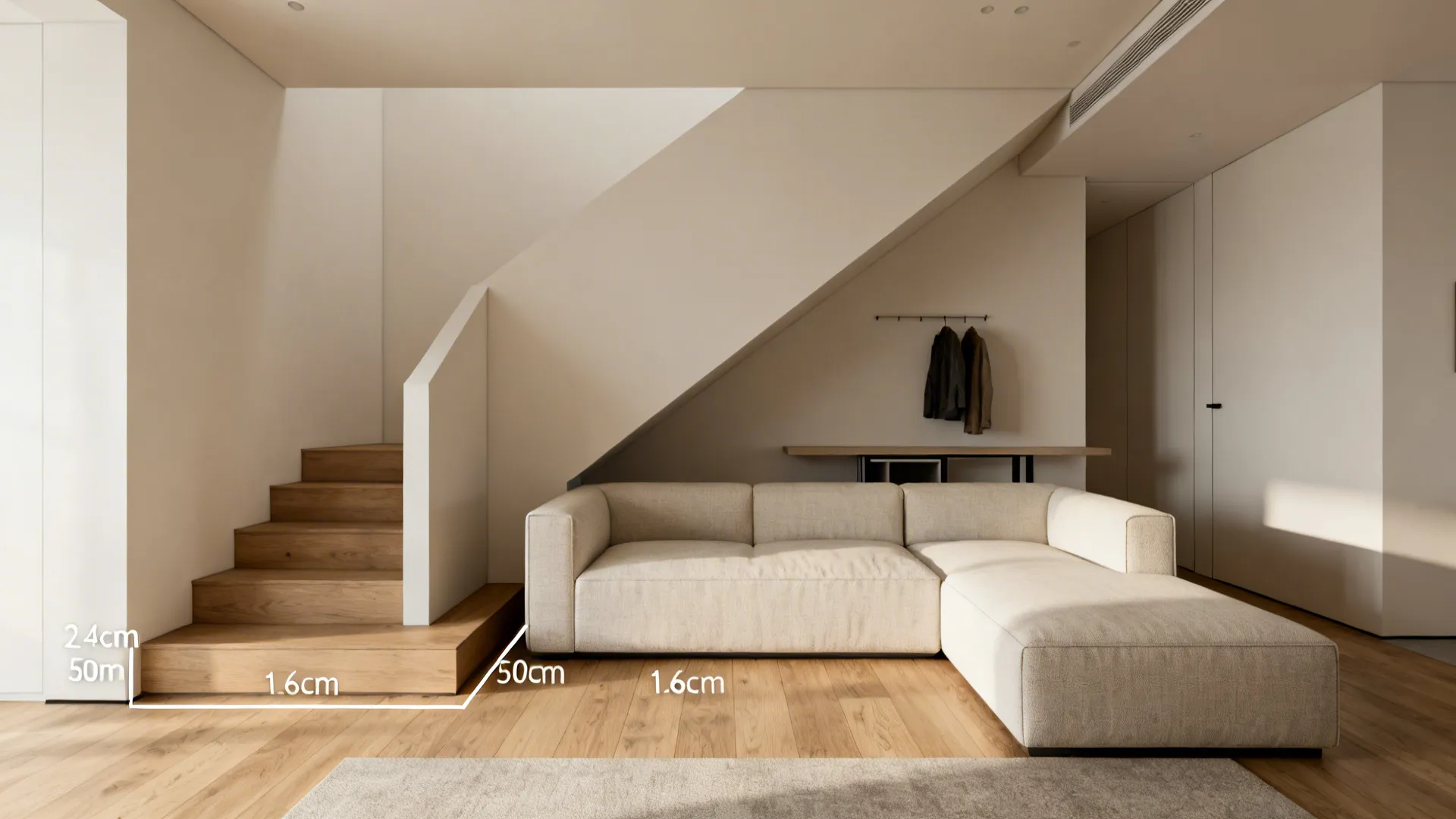 L-shaped sofa frames the stair wall with a clear 90 cm walkway and slim console behind