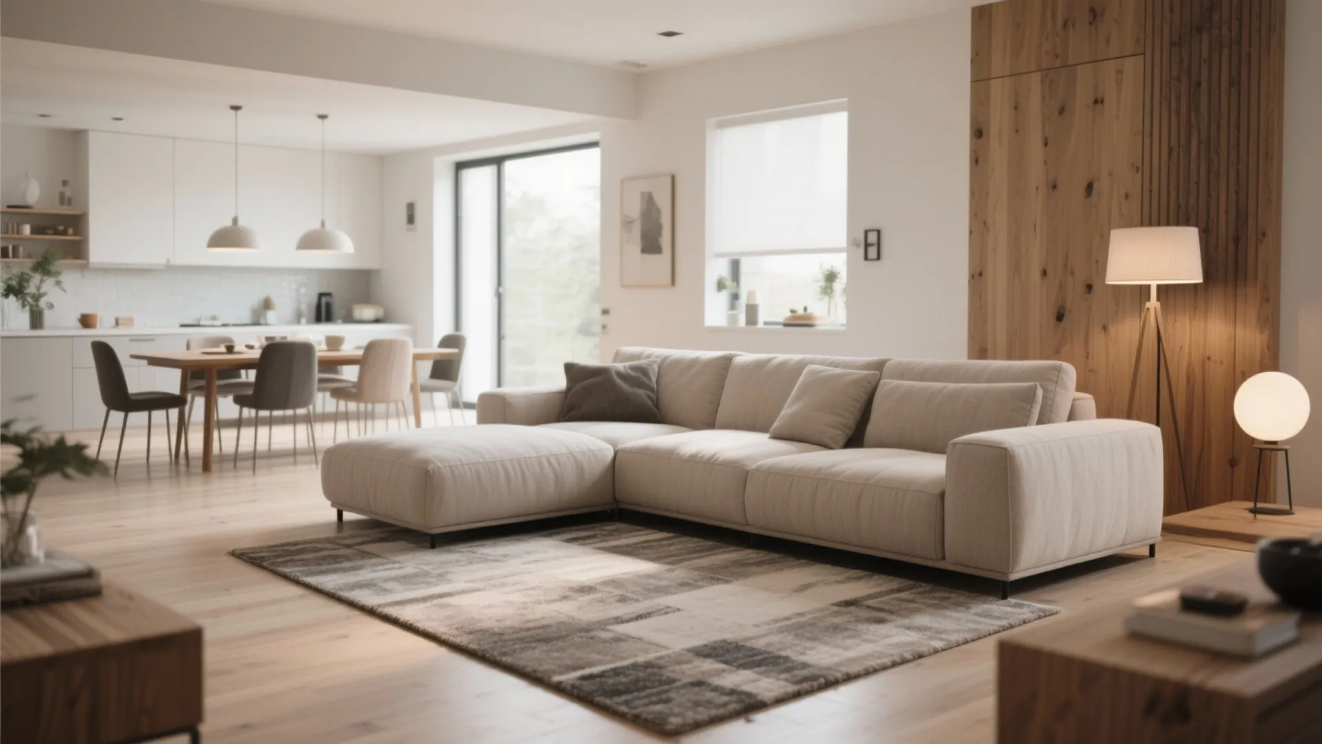 Modern open living room with beige sofa patterned rug wood flooring and a dining area