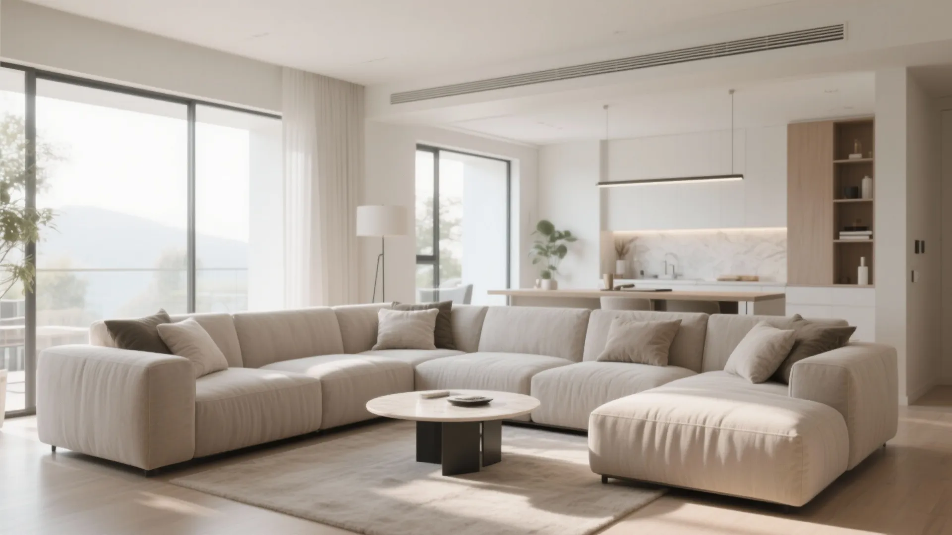 Large beige sofa in modern open plan living room with coffee table and white kitchen