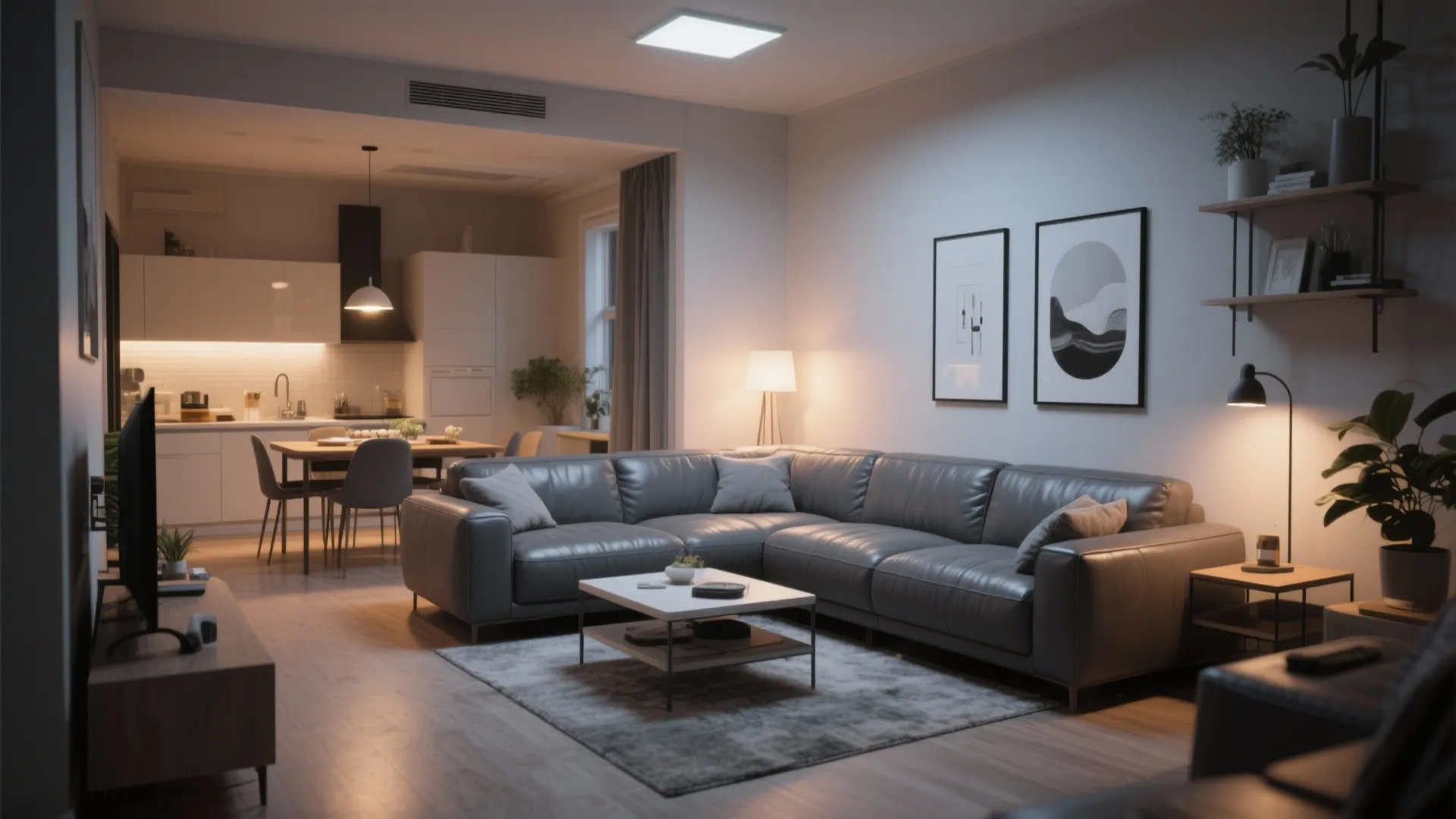 Modern living room with grey leather sofa coffee table open kitchen area and warm lighting