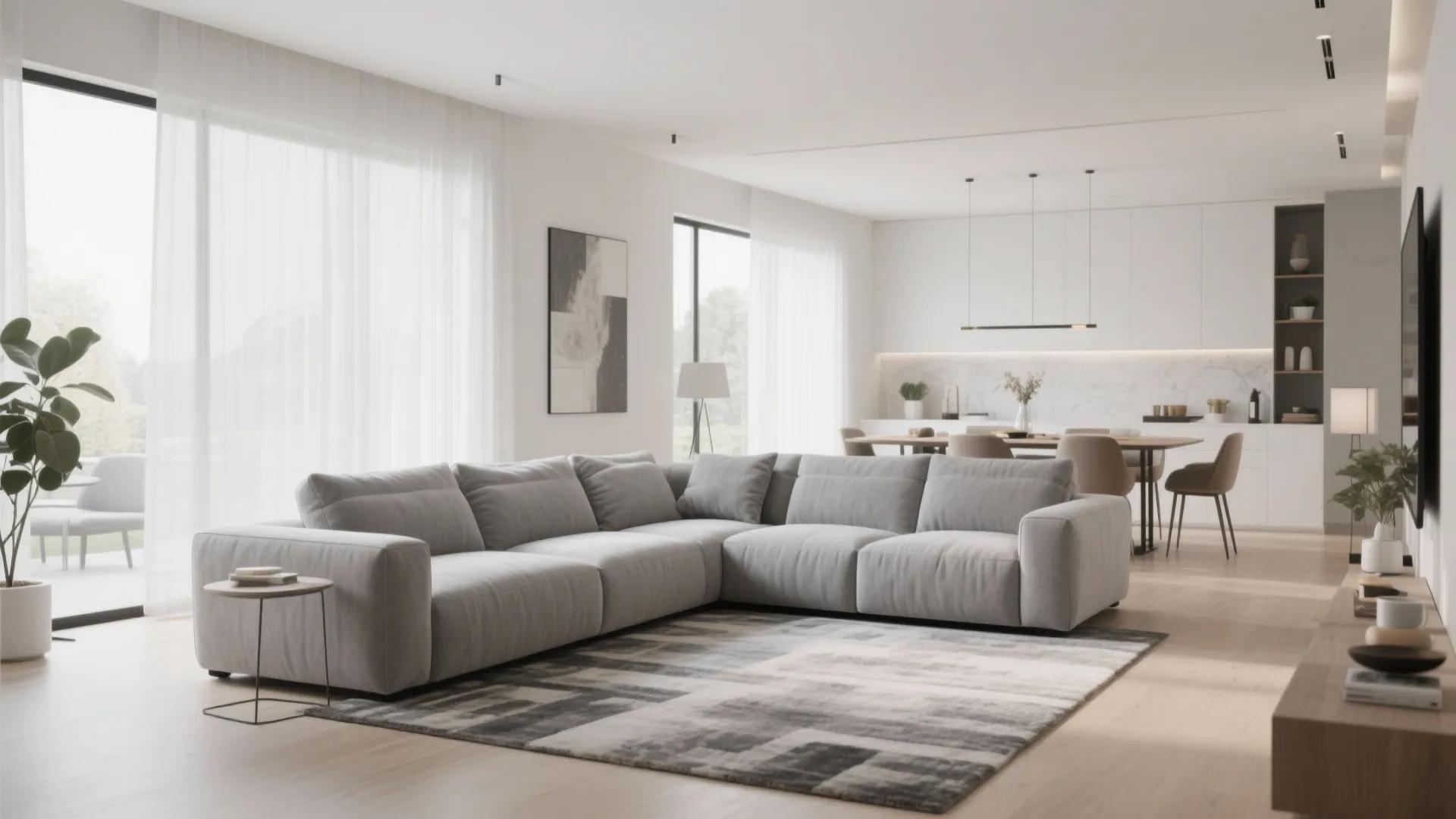 Modern open living room with grey sofa patterned rug dining table kitchen and large windows