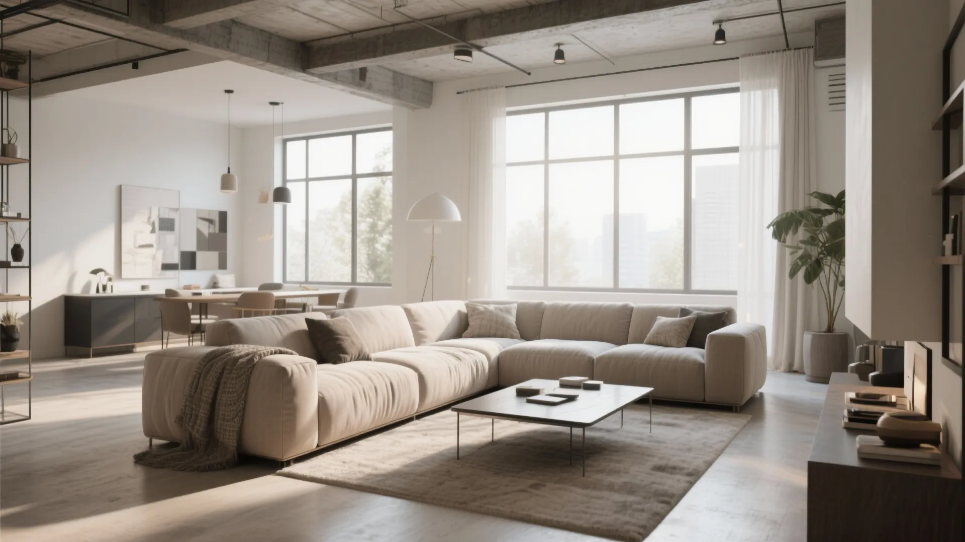 Open-plan loft living area with an L-shaped sectional sofa