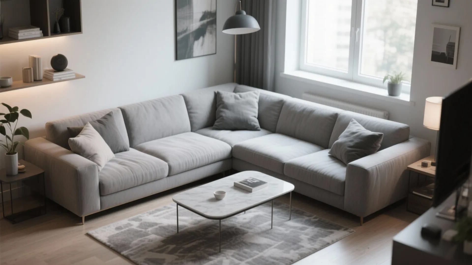Grey corner sofa in a bright living room with marble coffee table and natural light