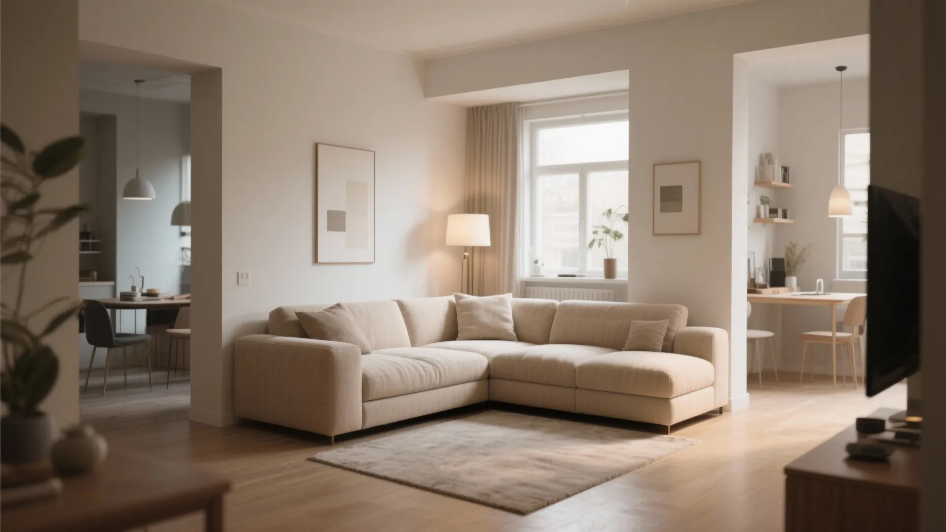Modern cream sofa in living room with wooden floors floor lamp and bright dining area