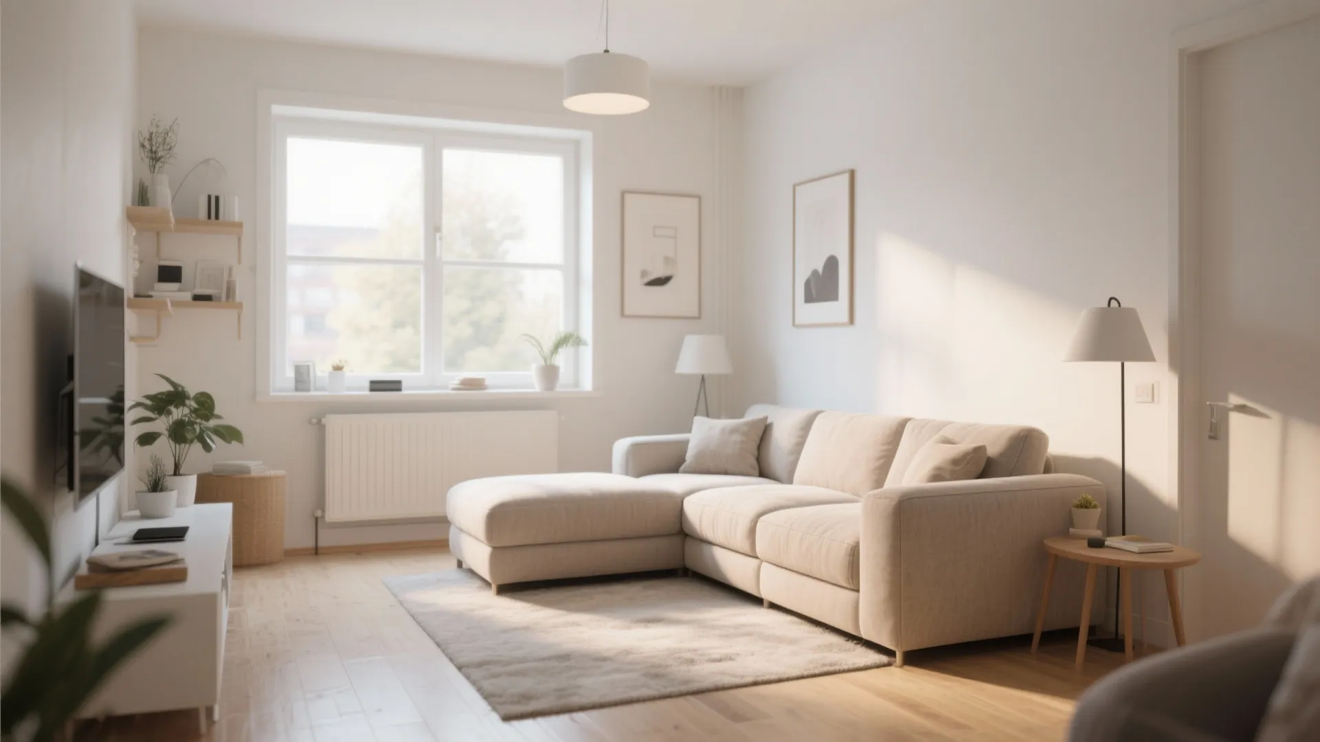 White sofa on wooden floor in bright room with two wall pictures and ceiling light