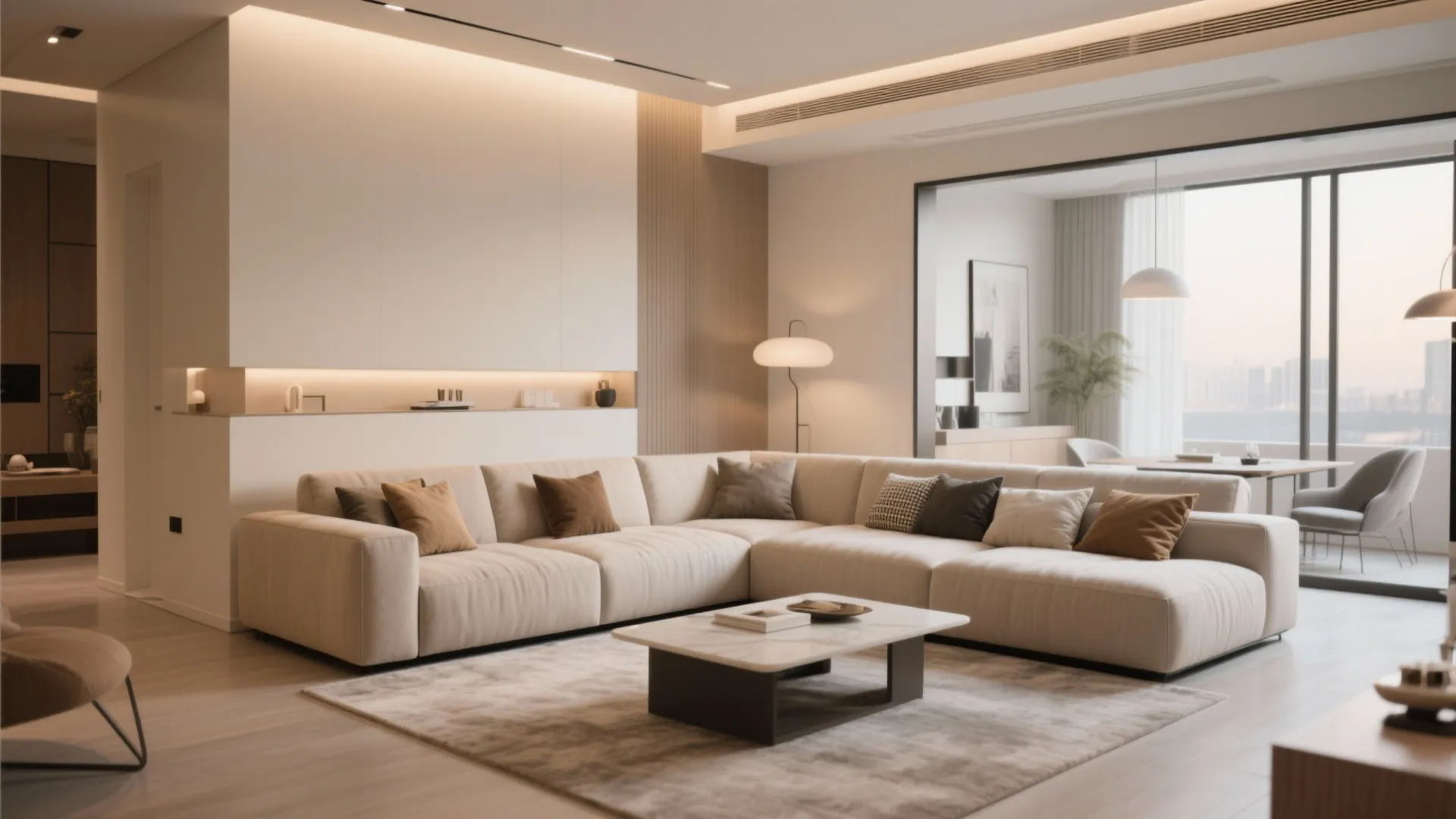 Modern open living area with large beige sofa marble coffee table and balcony view at sunset