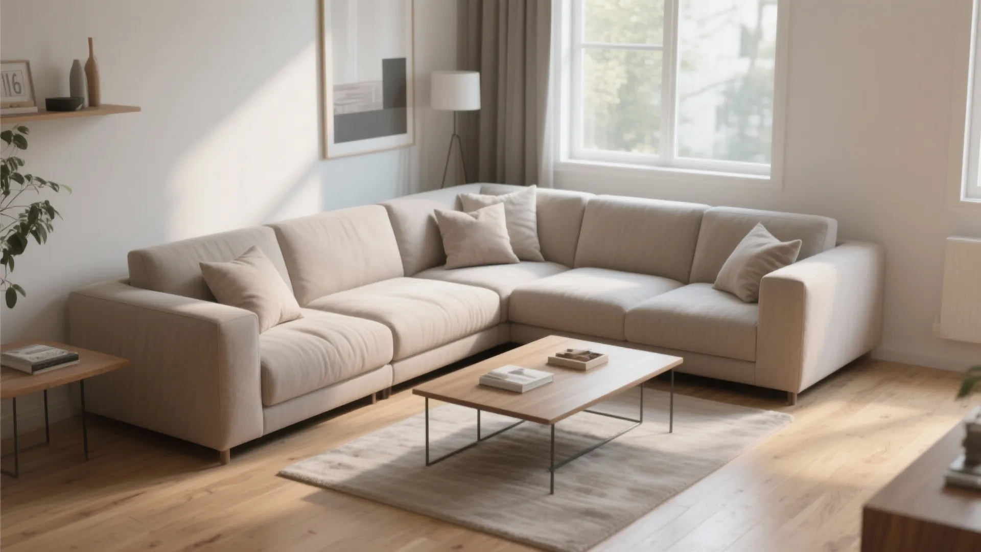 Modern living room with beige sofa wood coffee table rug large window and natural light