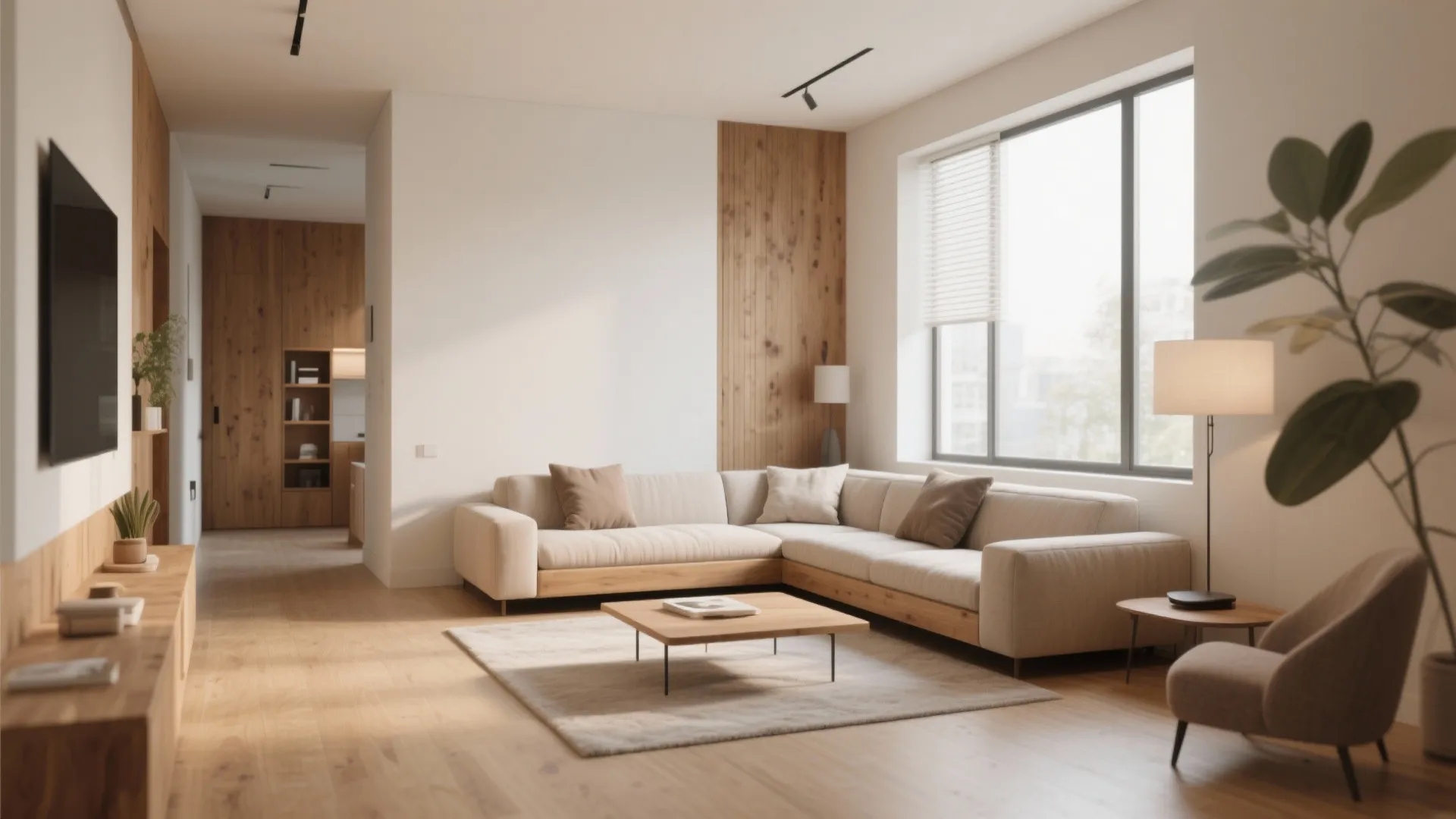 Modern living room with large corner sofa wooden wall panel coffee table and natural window light