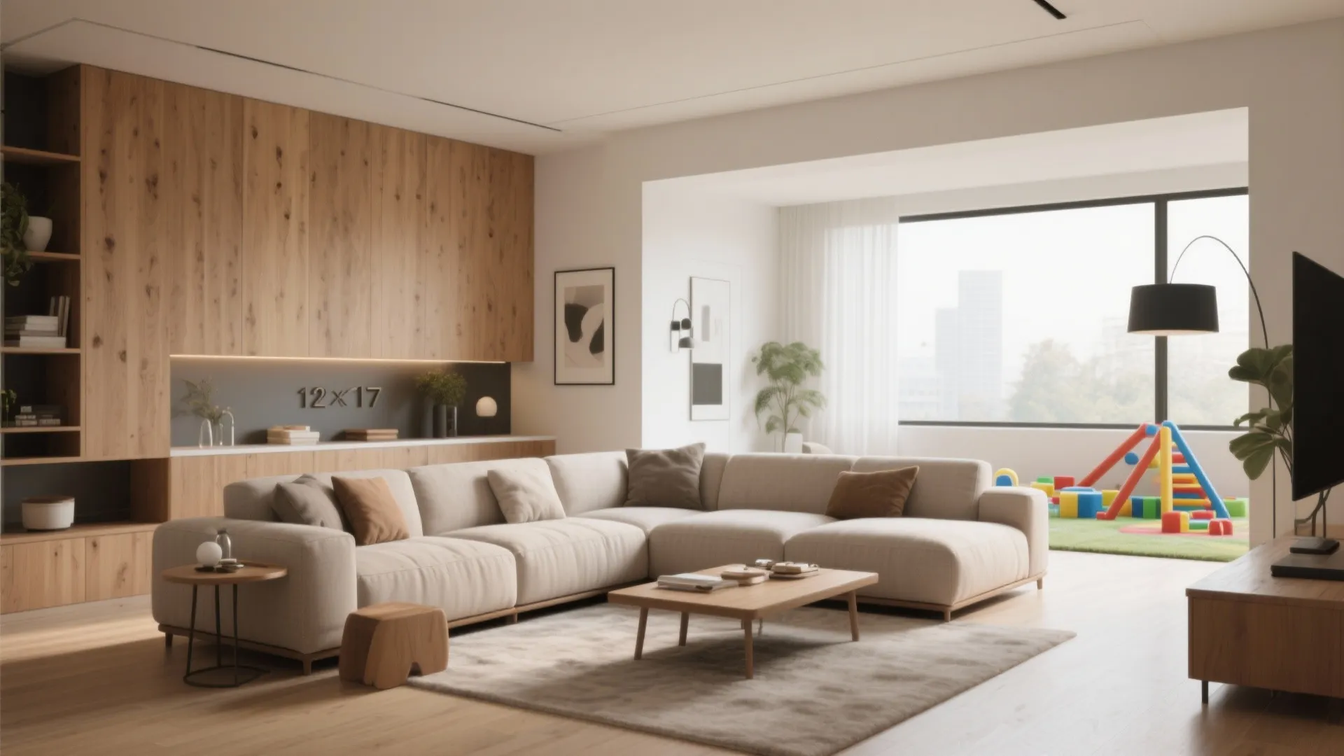 Large beige sectional sofa in living room with wooden wall panel and children play area