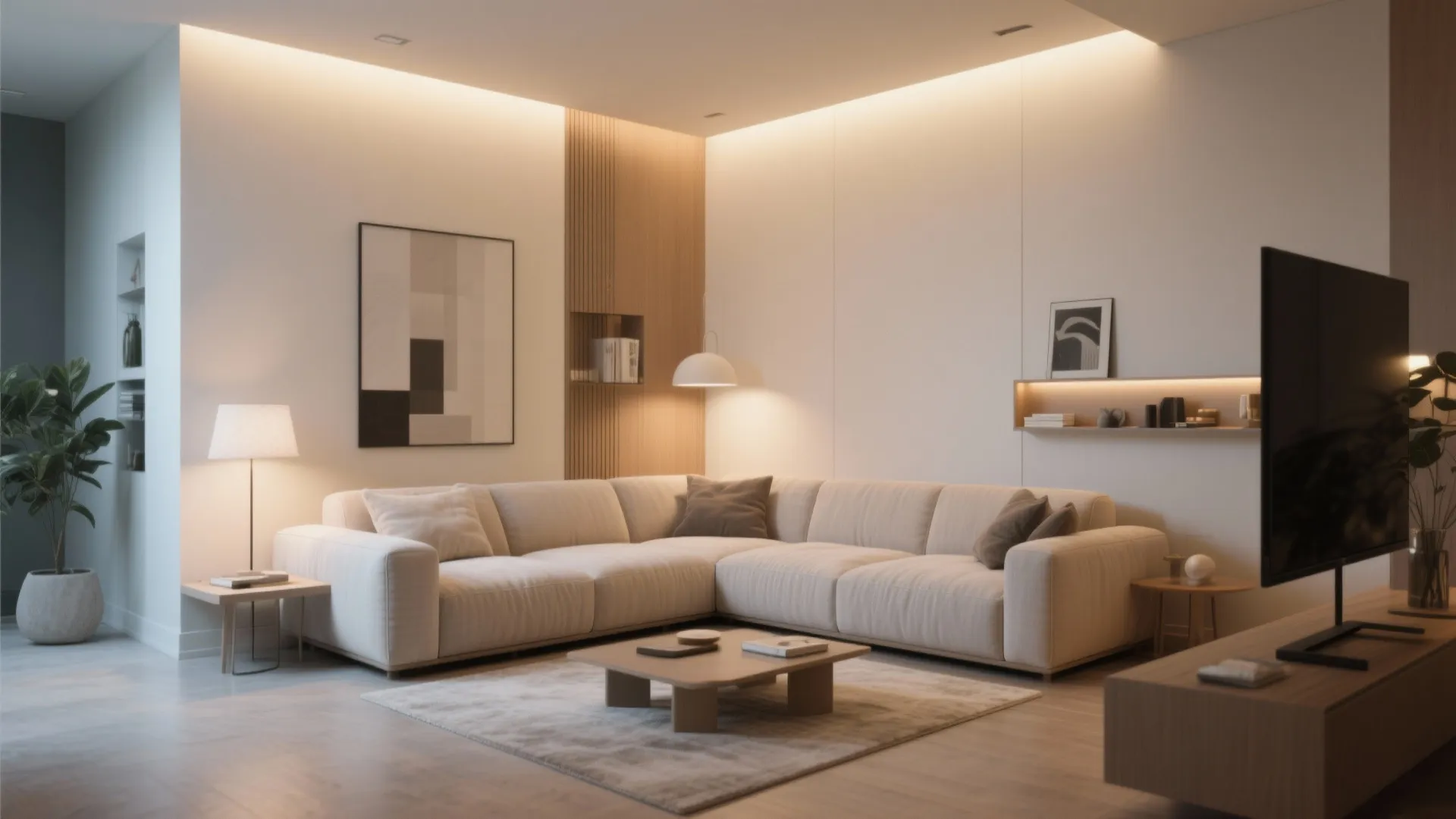 Modern living room featuring large white corner sofa wooden coffee table and warm soft ceiling light
