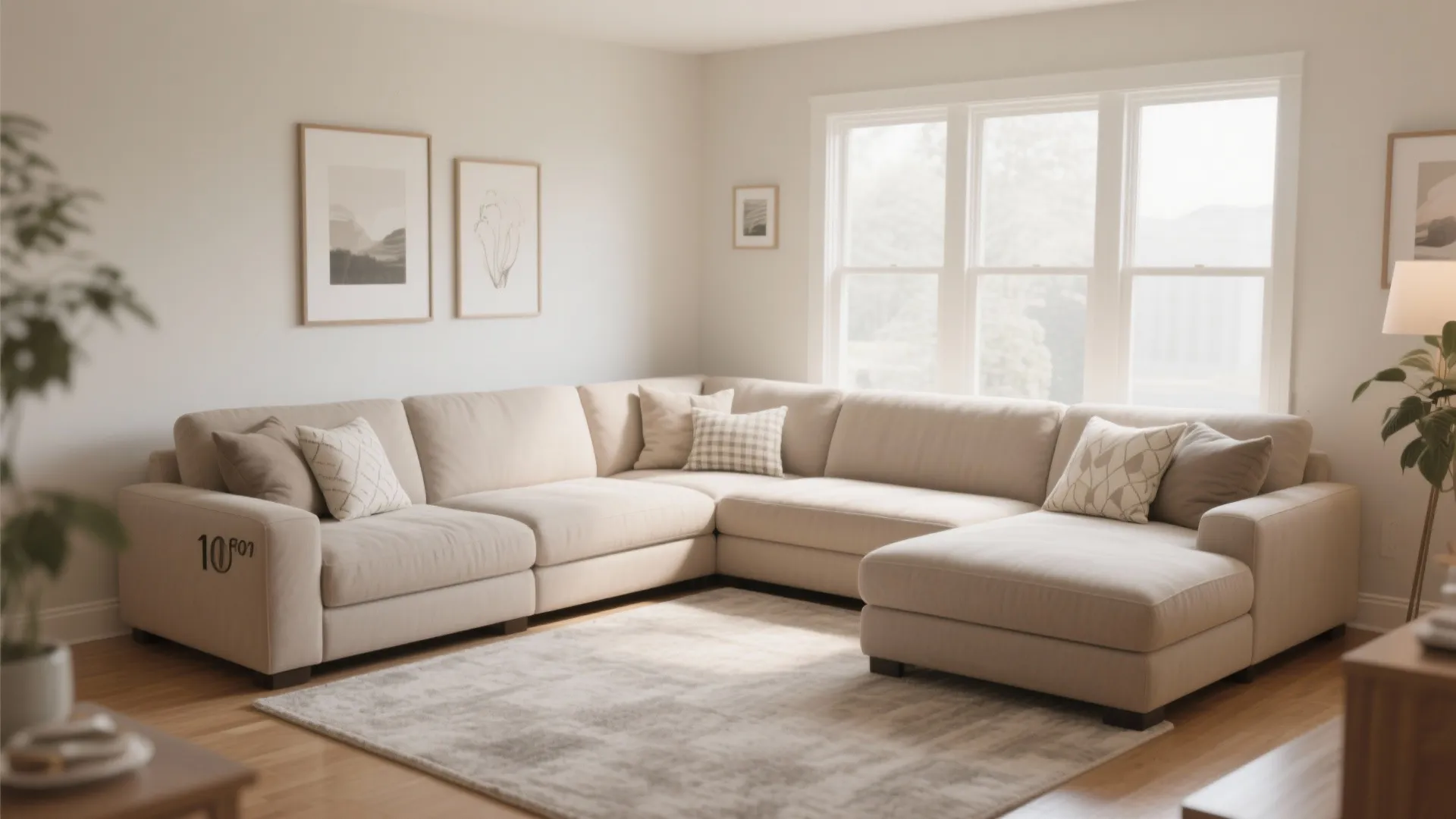 Large beige sofa in a bright living room with pillows windows and art on walls