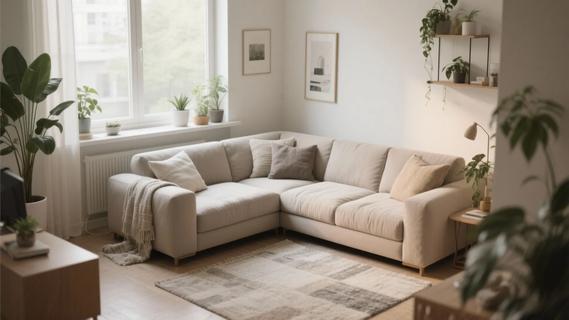 Cream l shaped sofa in sunny living room with many green plants and white windows