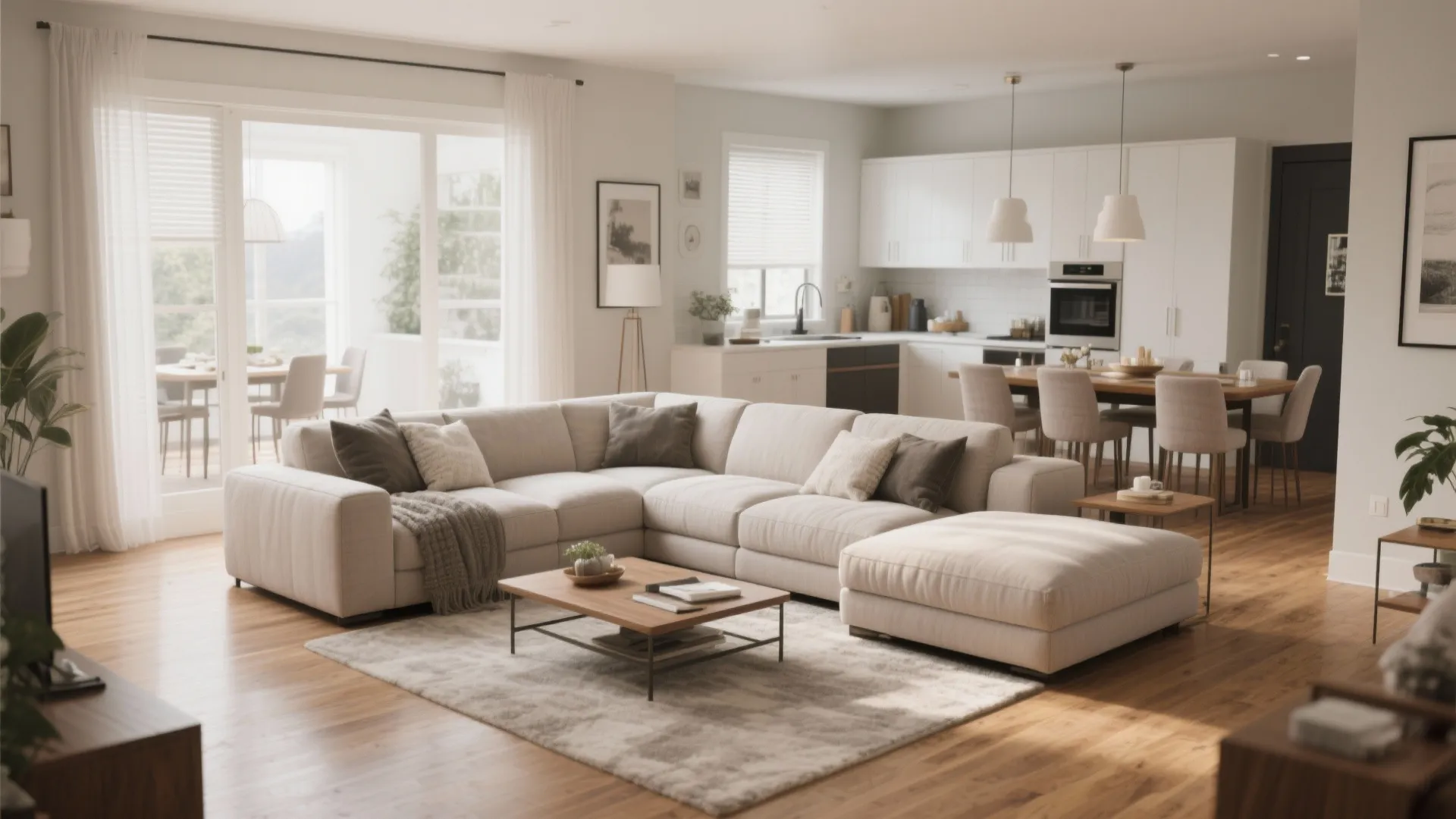 Open plan living area with large beige sofa wooden coffee table and white kitchen background
