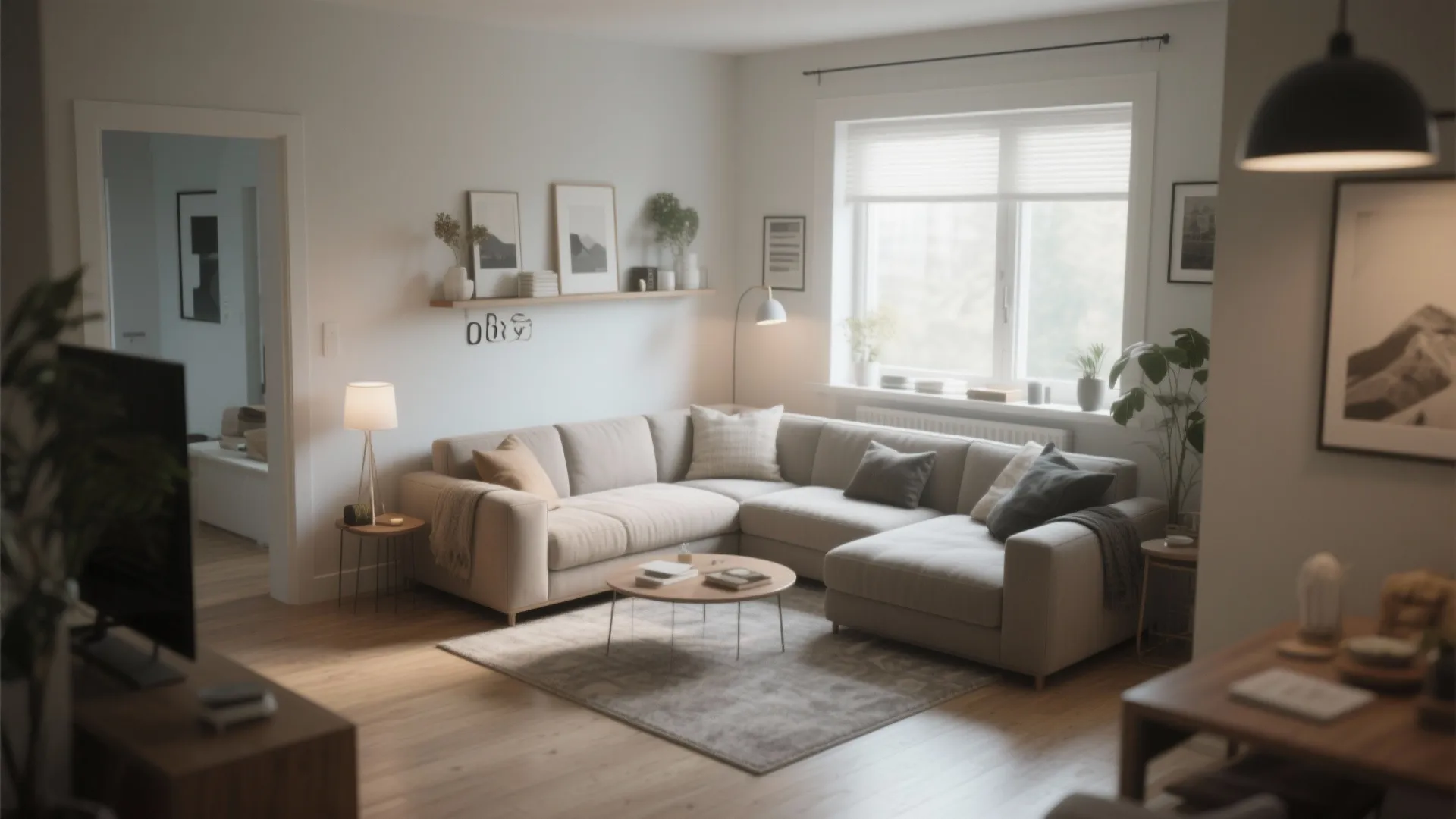 Modern beige sofa set with pillows in a bright living room including windows and rug