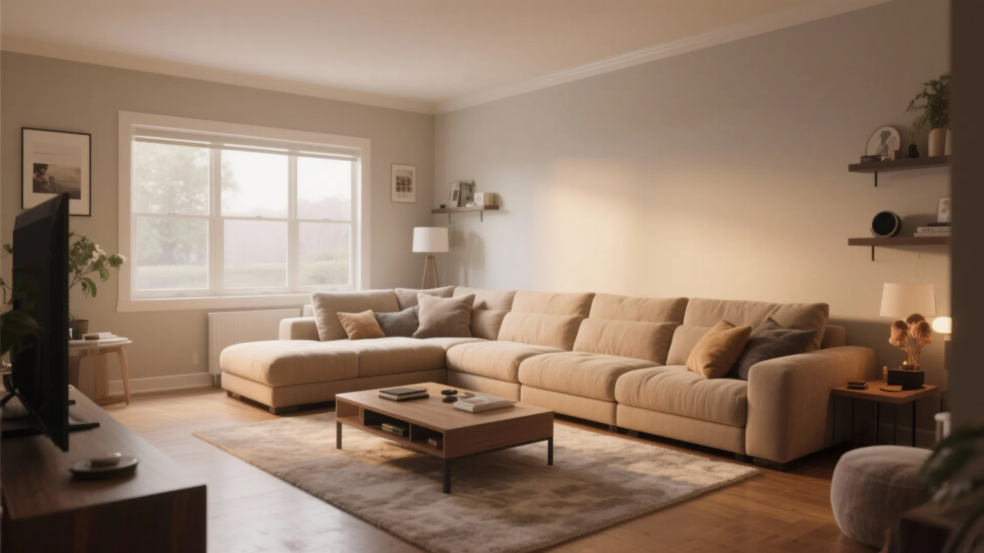 Large beige corner sofa in a bright living room with wooden coffee table and rug