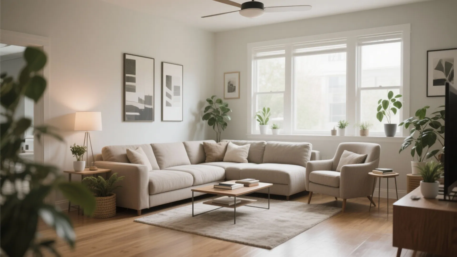 L-shaped sofa in corner with open space for reading nook