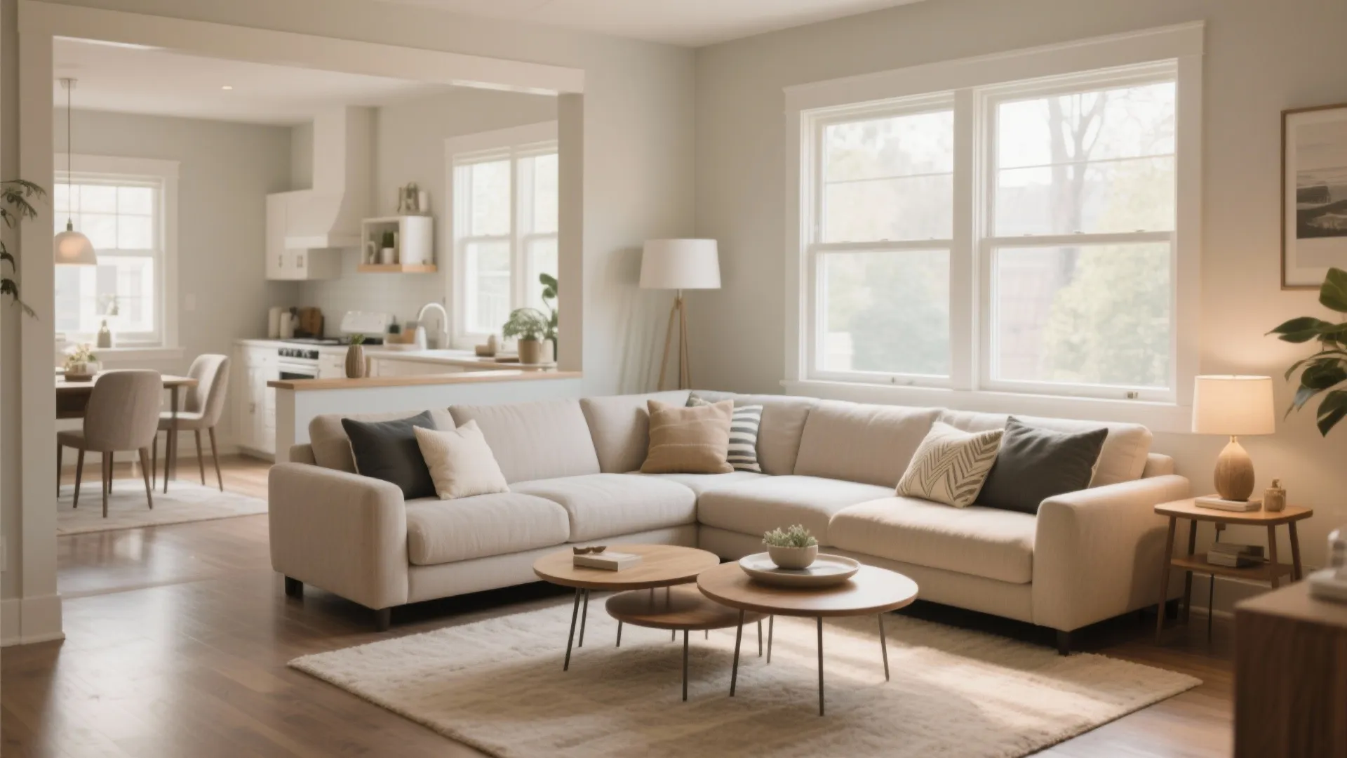 Open plan living area with beige sofa round wooden coffee tables and view of kitchen