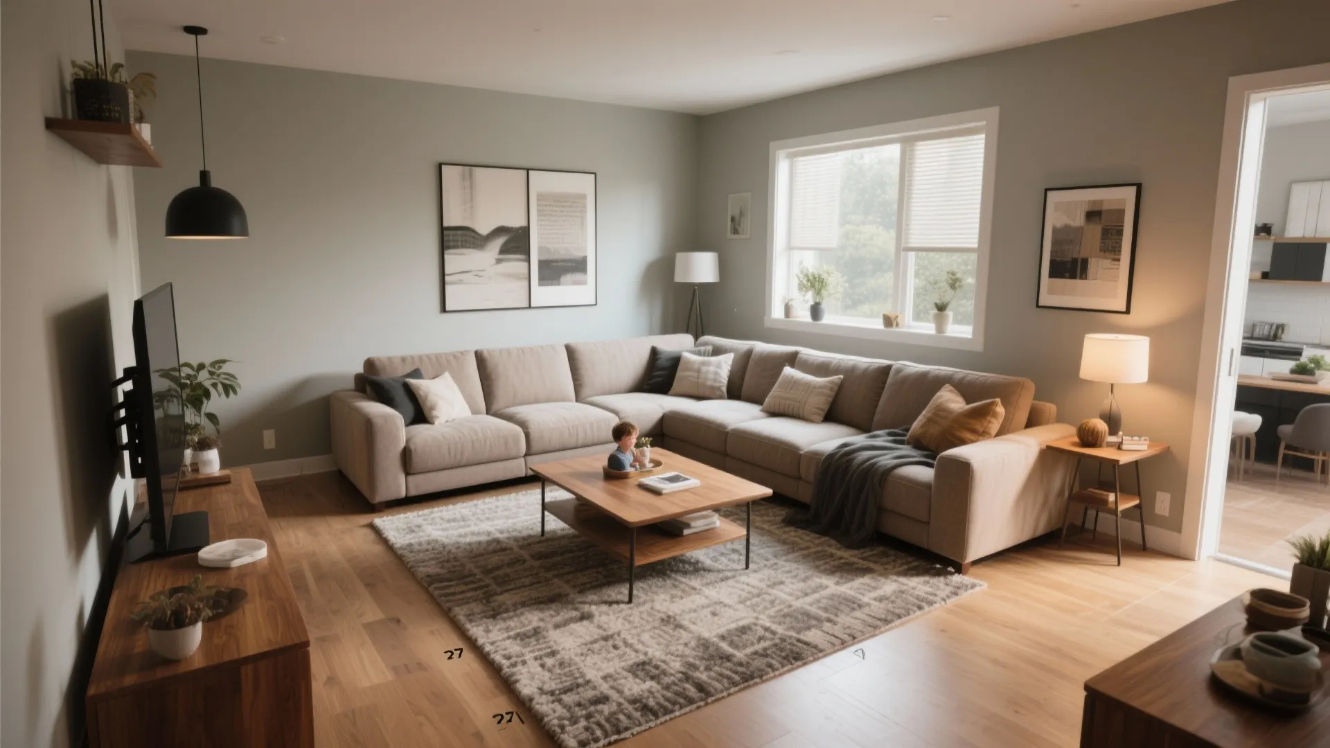 Cozy living room with large beige corner sofa wooden coffee table grey rug and green walls