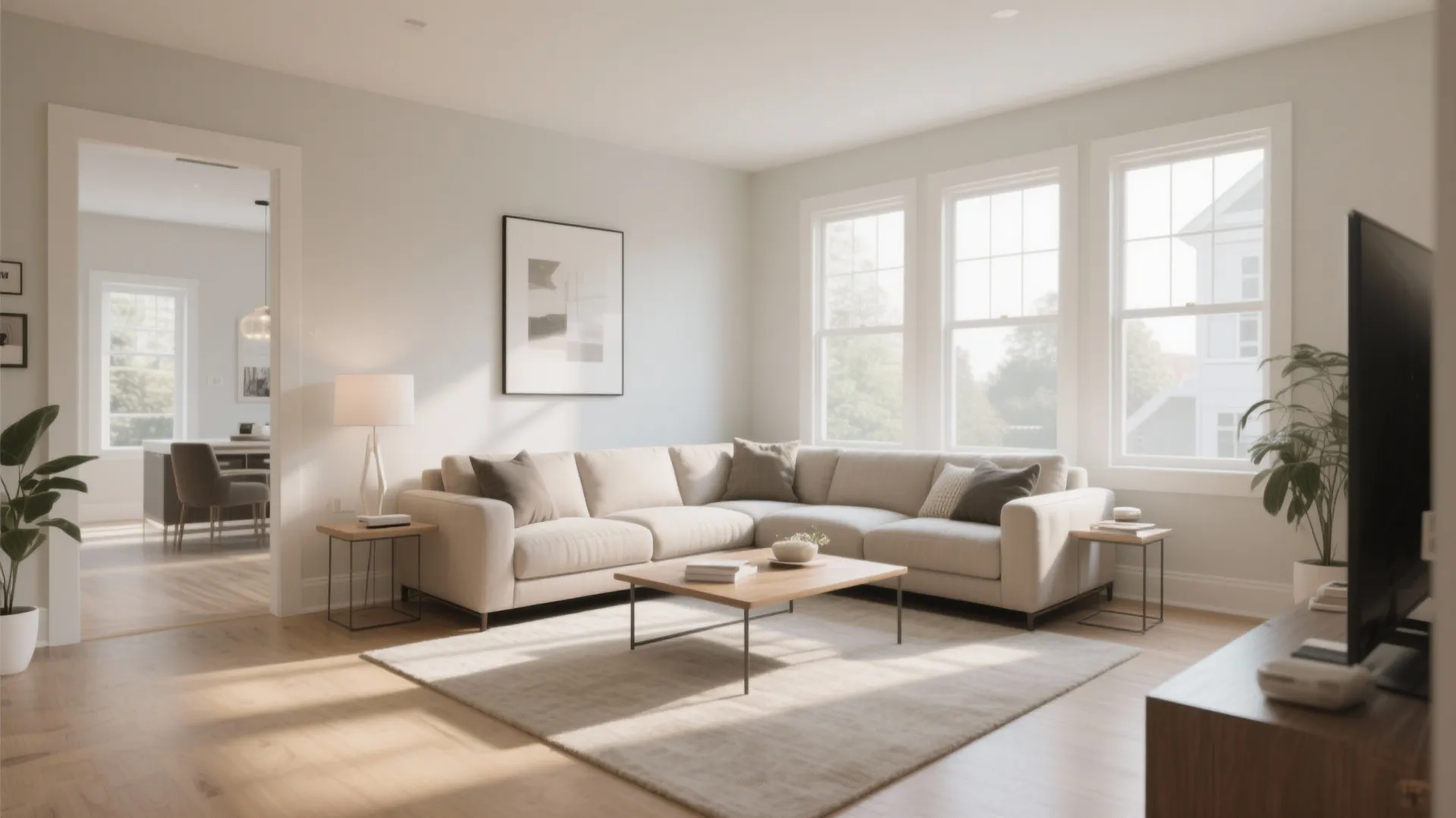 Bright living room with beige sofa wooden coffee table rug and three large glass windows