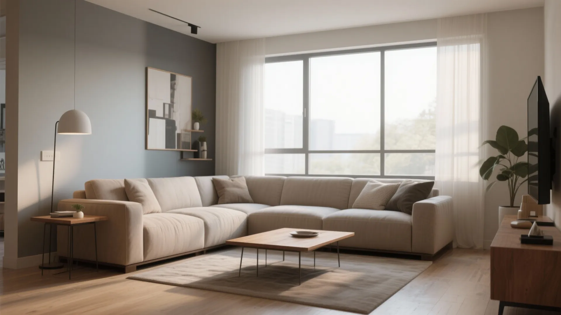 Minimalist living room with large corner sofa wooden coffee table blue wall and white sheer curtains