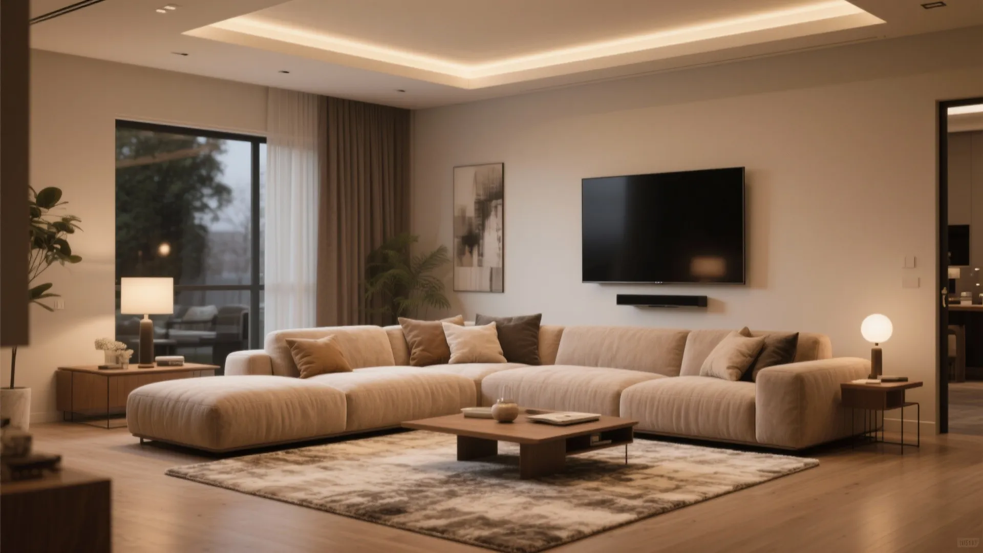 Modern living room with large beige sofa wooden coffee table rug wall mounted TV and lights