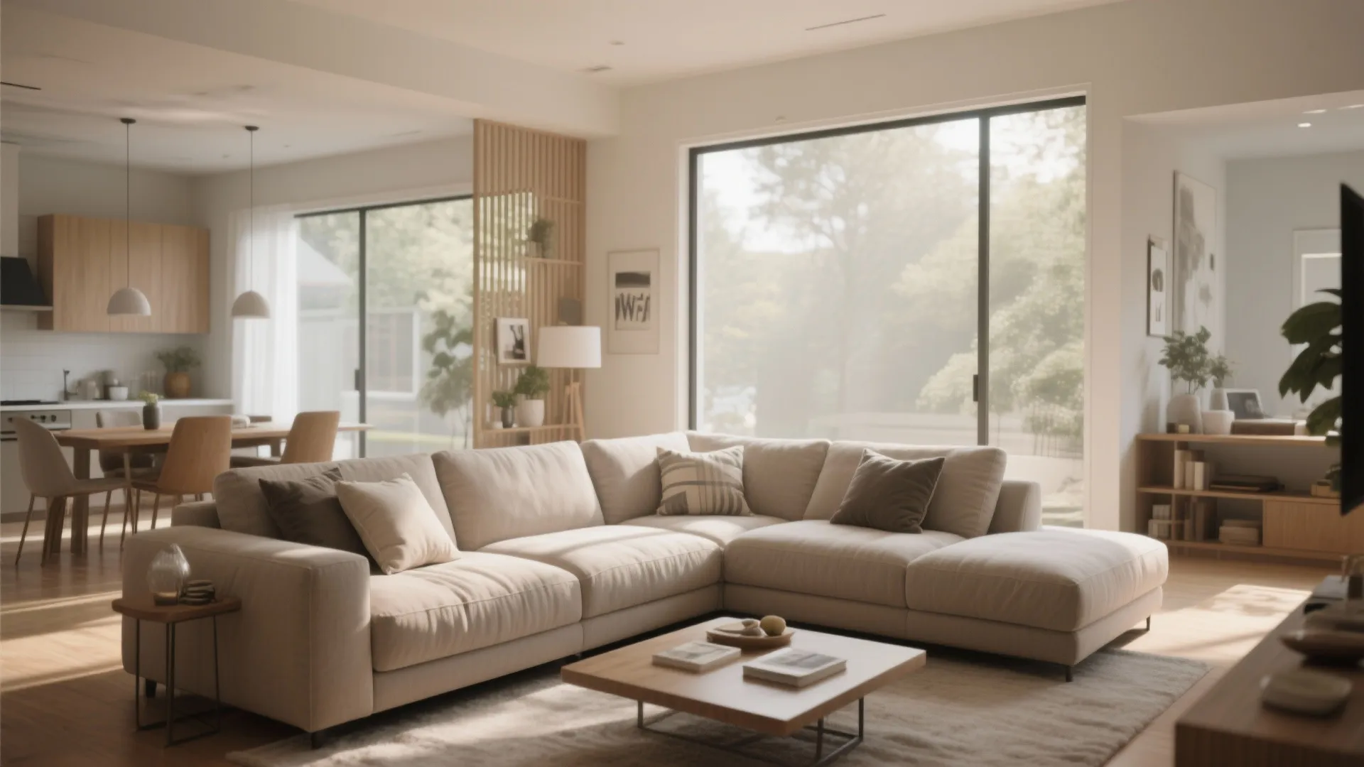 Large cream L-shaped sofa in a modern living room with wooden table and big windows