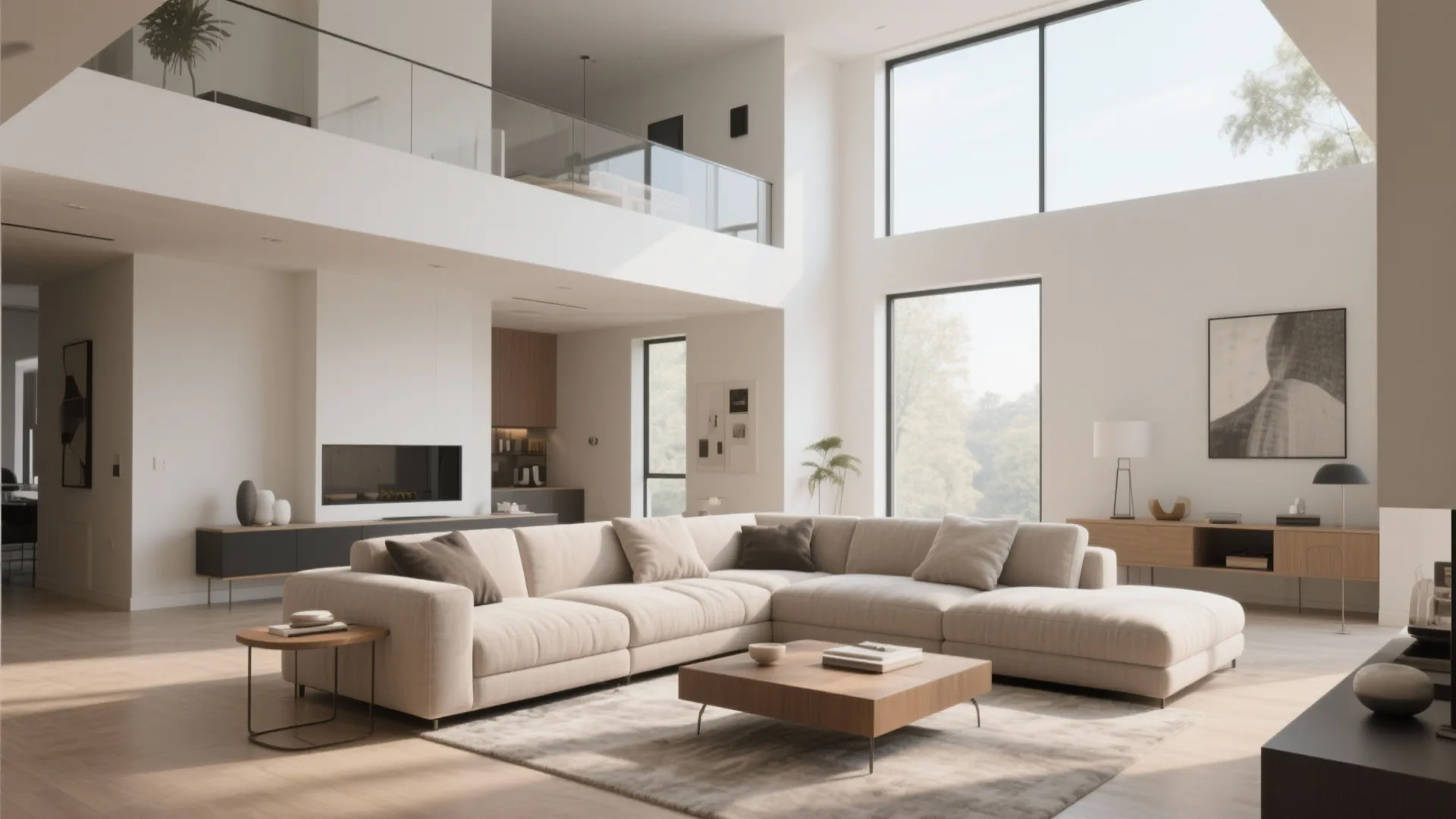 Spacious open plan living room with large beige sofa wooden coffee table and big windows