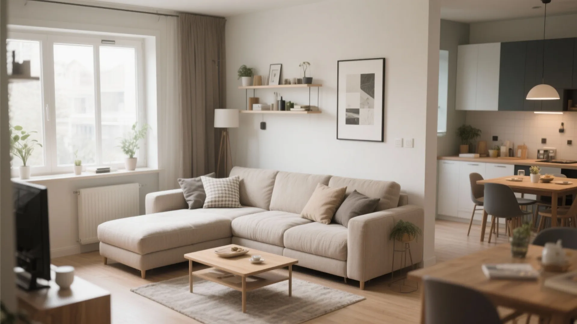 Modern open living room with beige sofa wooden coffee table and view of kitchen dining