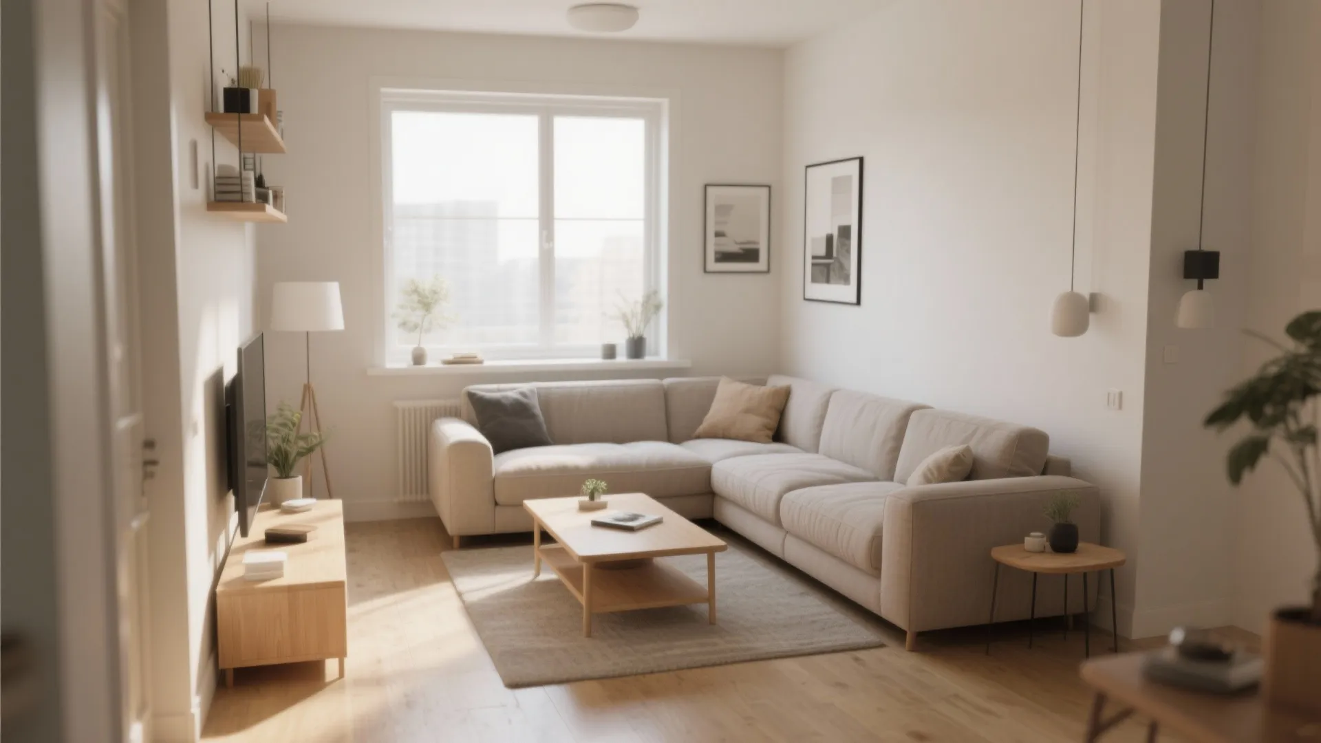 Modern living room featuring a large beige sofa wooden coffee table and bright window with sunlight