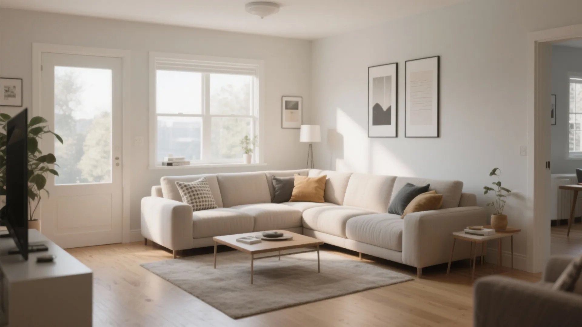 Bright modern living room with cream sofa, wooden coffee table, grey rug, and large windows