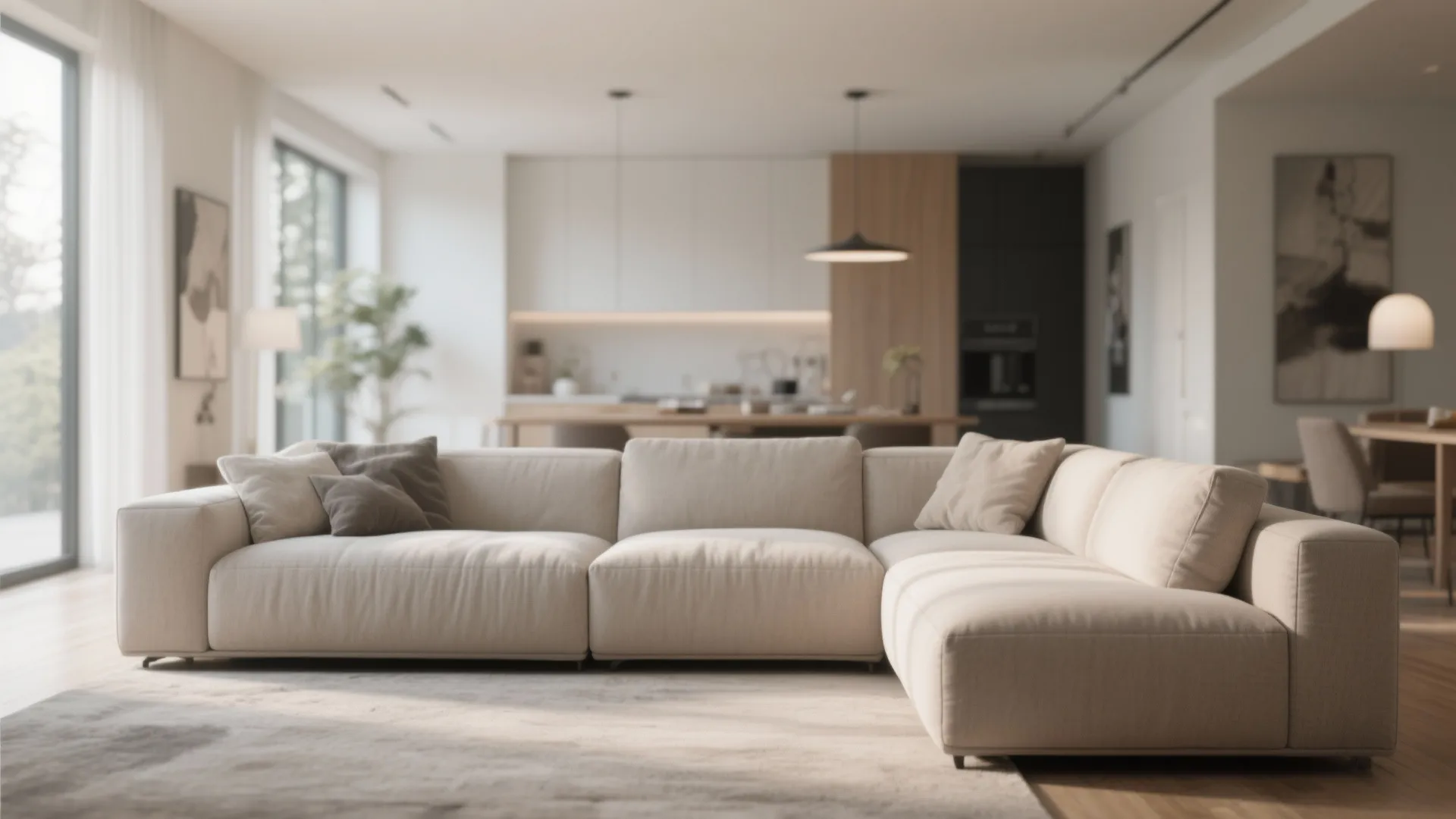 Large cream sofa on grey rug in open plan room with kitchen and dining area