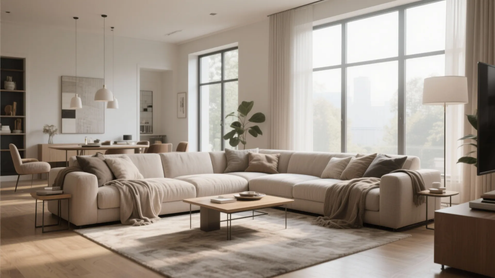 Large beige L-shaped sofa in sunny living room with wooden coffee table and big windows