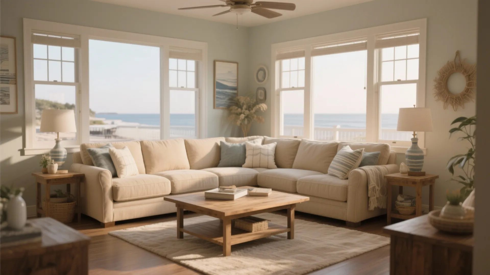 Coastal living room with large beige sofa, wooden coffee table, blue walls, and ocean view