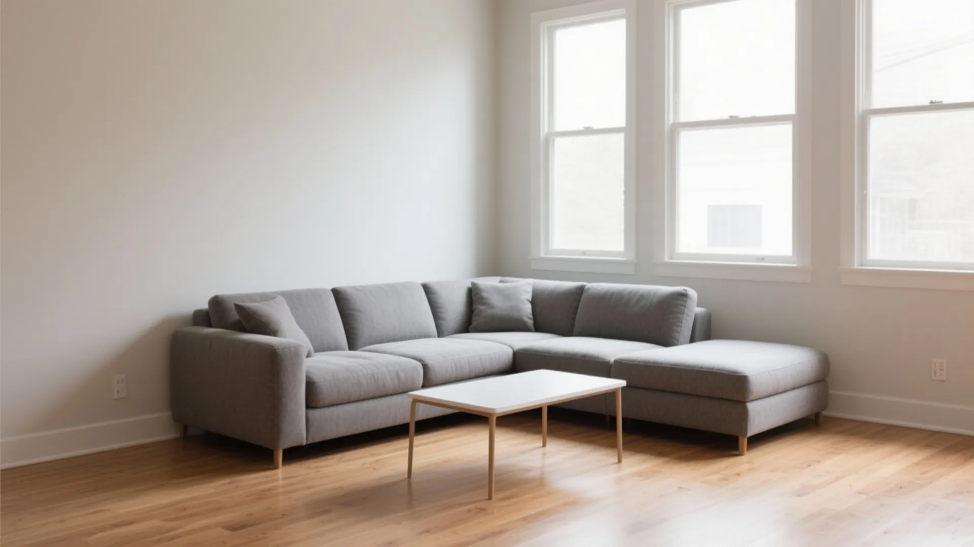 Grey L-shaped sofa and white coffee table in a room with wood floors and windows