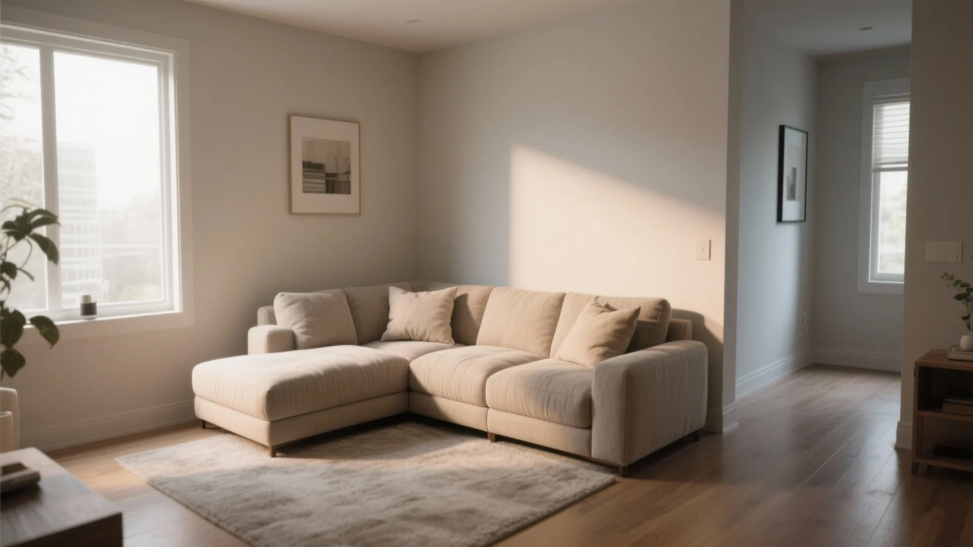 Compact L-shaped sectional maximizing 12x12 room space