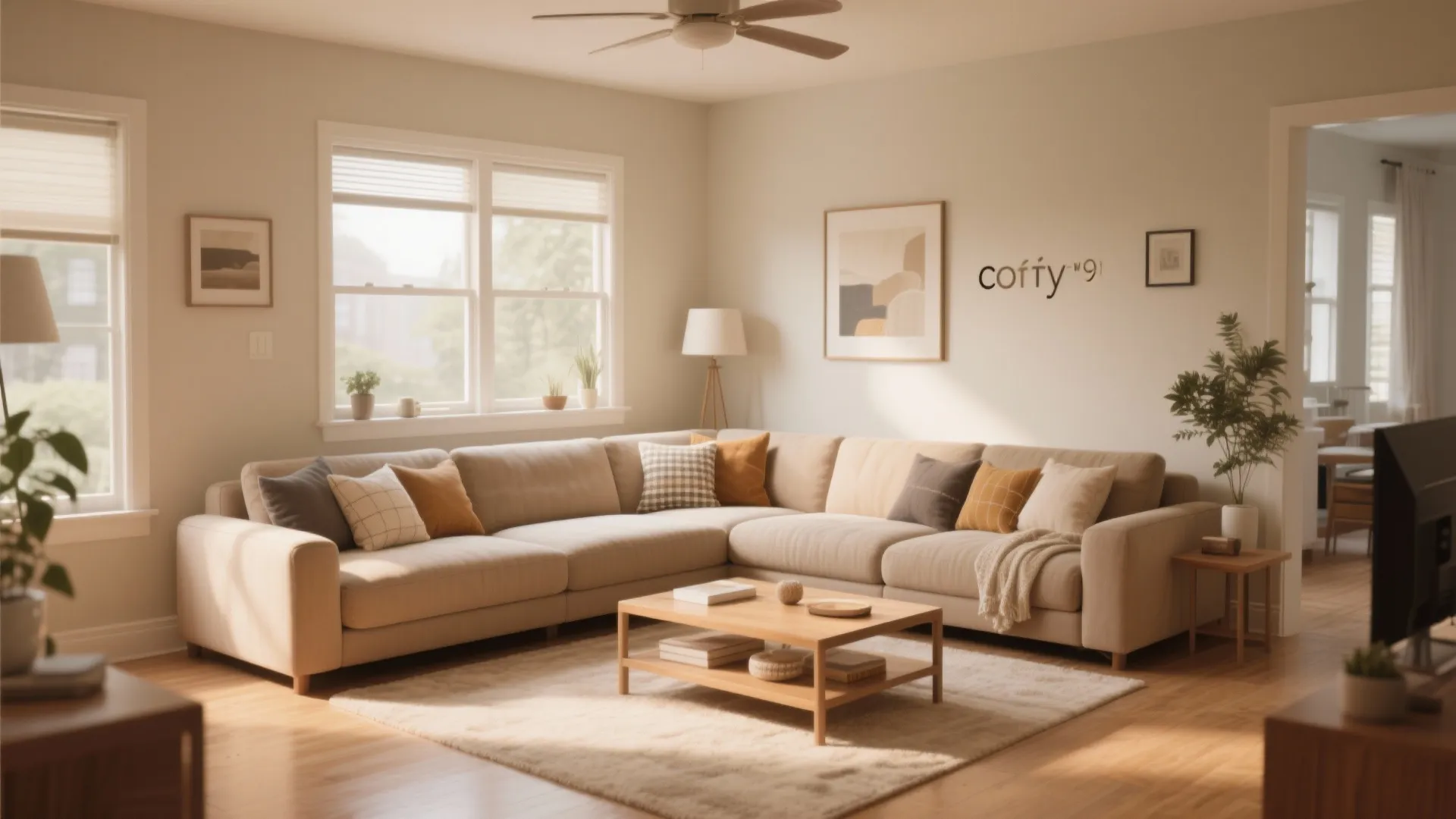 Cozy living room with beige sectional sofa wooden coffee table ceiling fan and warm sunlight