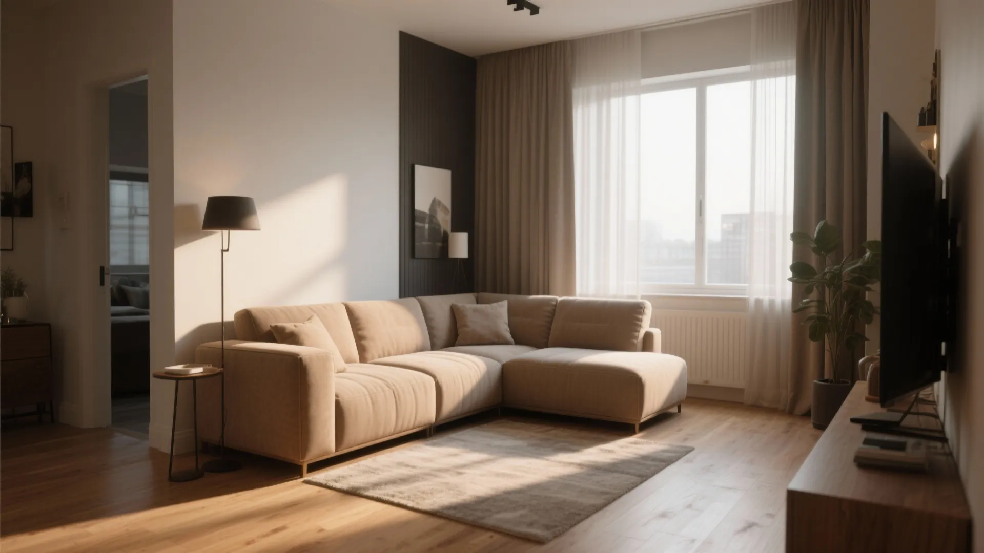 L shaped sofa in sunny living room with wooden floor rug floor lamp and window