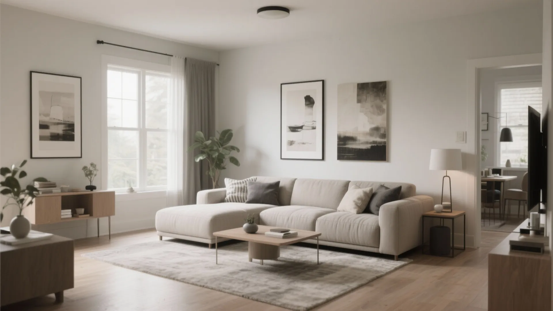 Modern living room with beige sofa, wooden coffee table, grey rug, wall art, and plants
