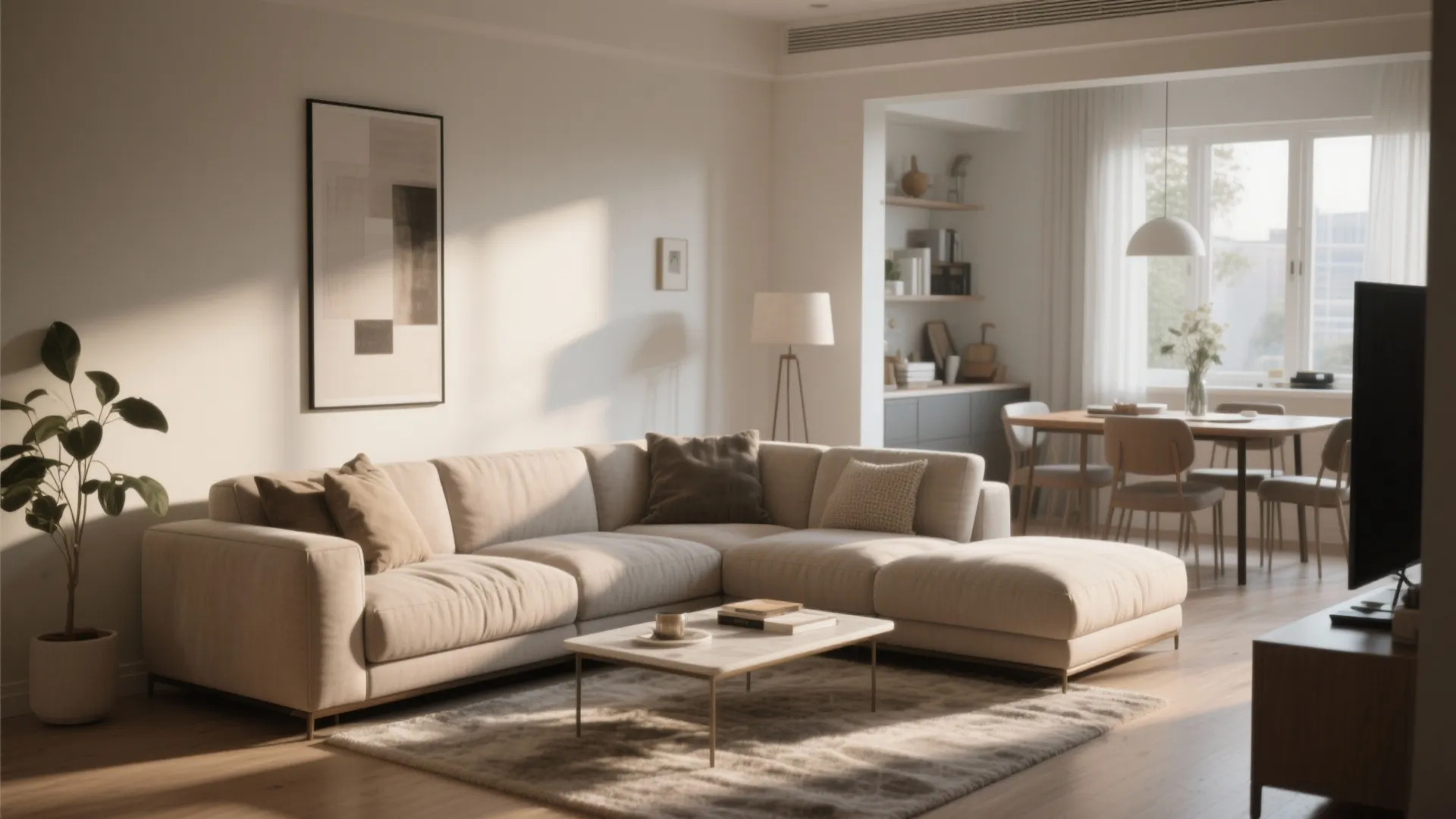 Modern warm living room featuring beige sofa marble coffee table wooden floor and dining table set