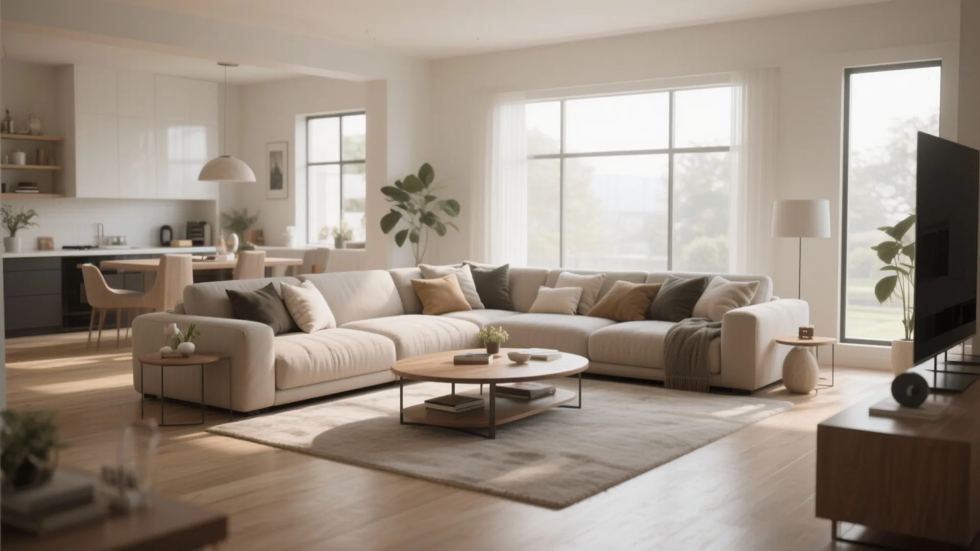 Modern cream sectional sofa with wooden coffee table on white rug in bright living room