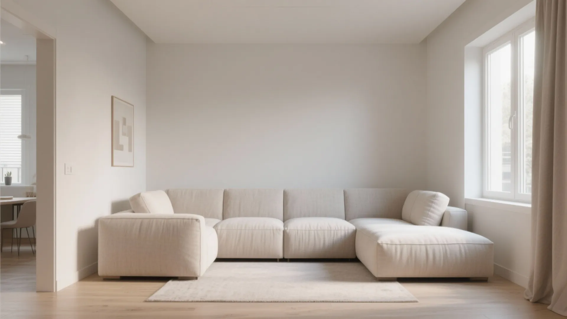 Minimalist living room with large beige sectional sofa cream rug white walls and natural light