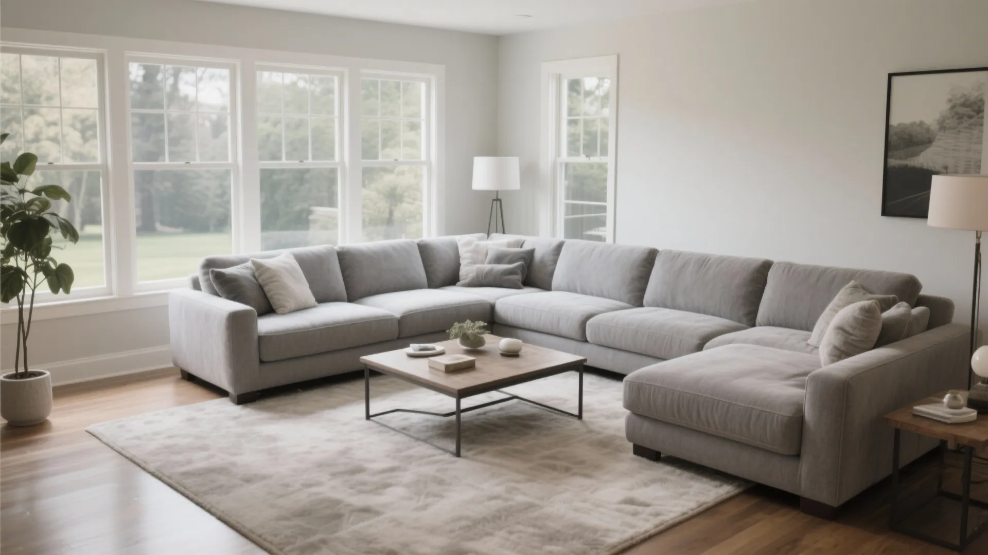 Large grey sofa with wooden coffee table on white rug in bright room with many windows