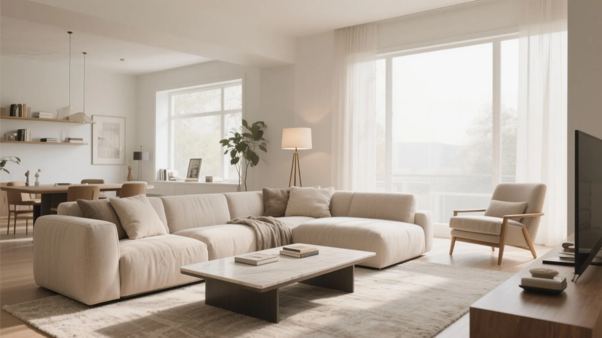 Modern cream colored sectional sofa with marble coffee table and large window in bright living room