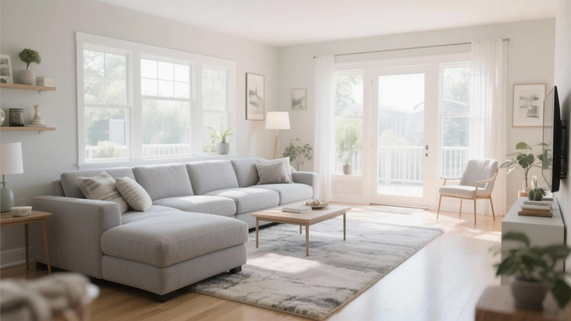 Bright living room with grey sofa wooden coffee table white curtains large windows and natural light
