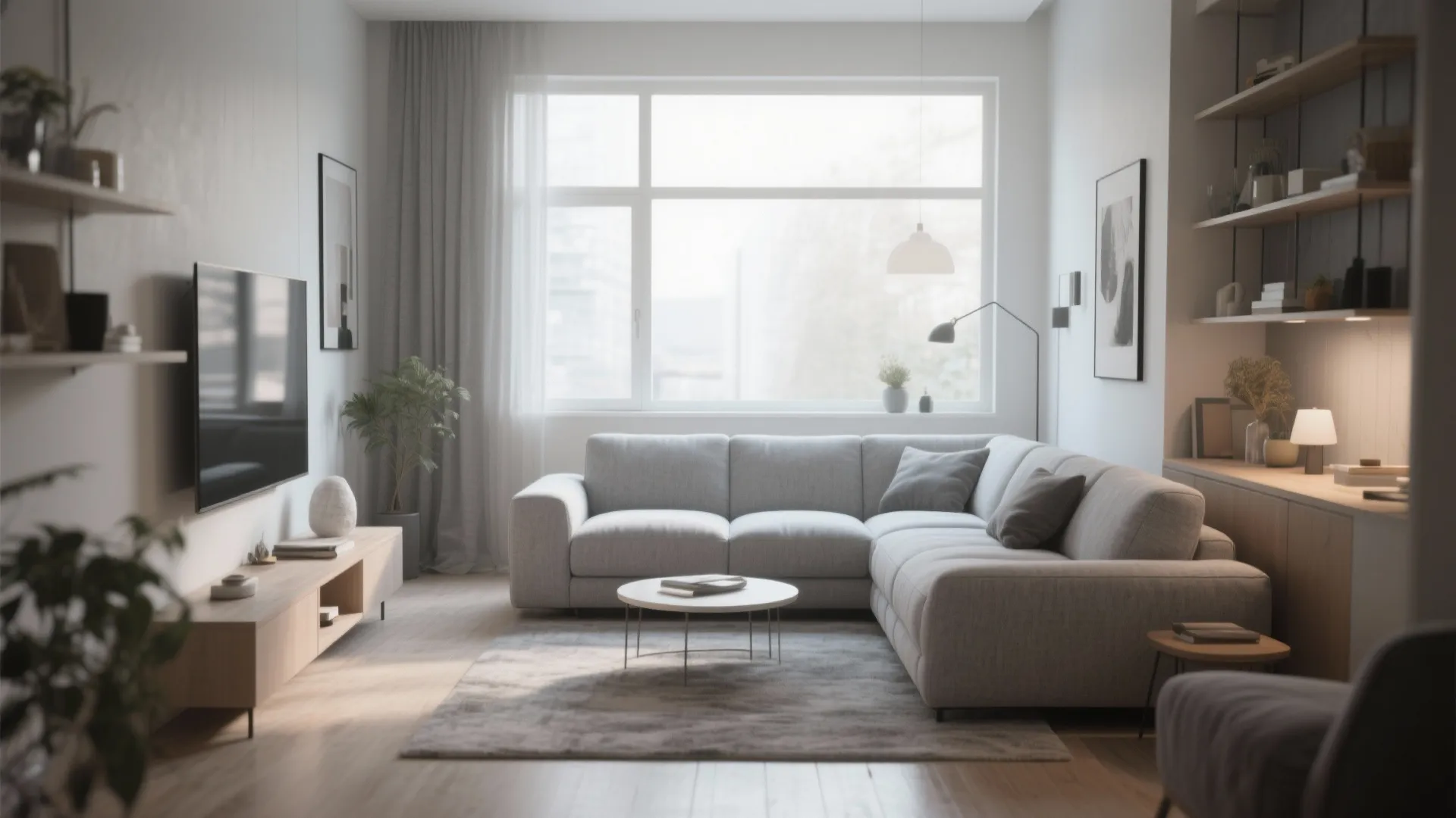 Modern living room with a grey corner sofa, round coffee table, wooden cabinet, and natural light
