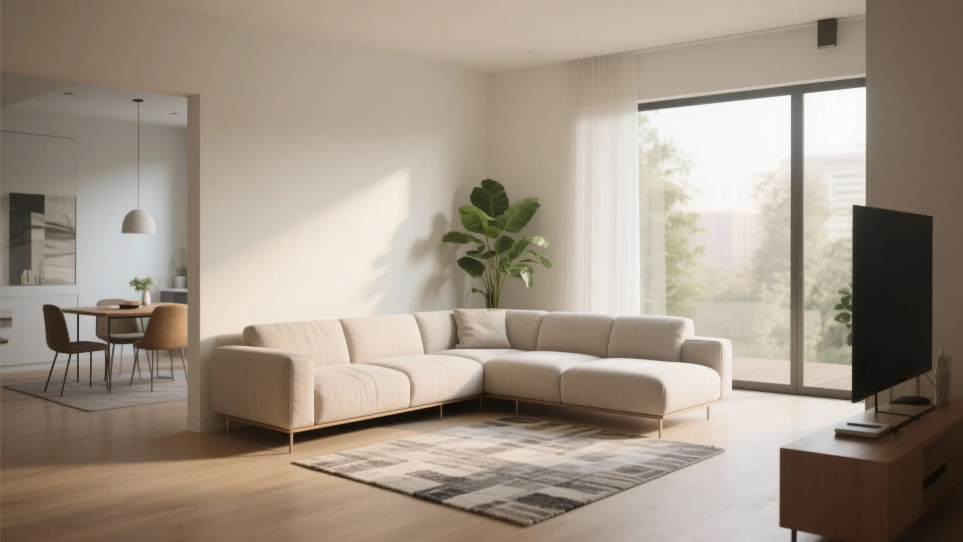Modern open living room featuring white sofa large windows wooden floors and a dining table set