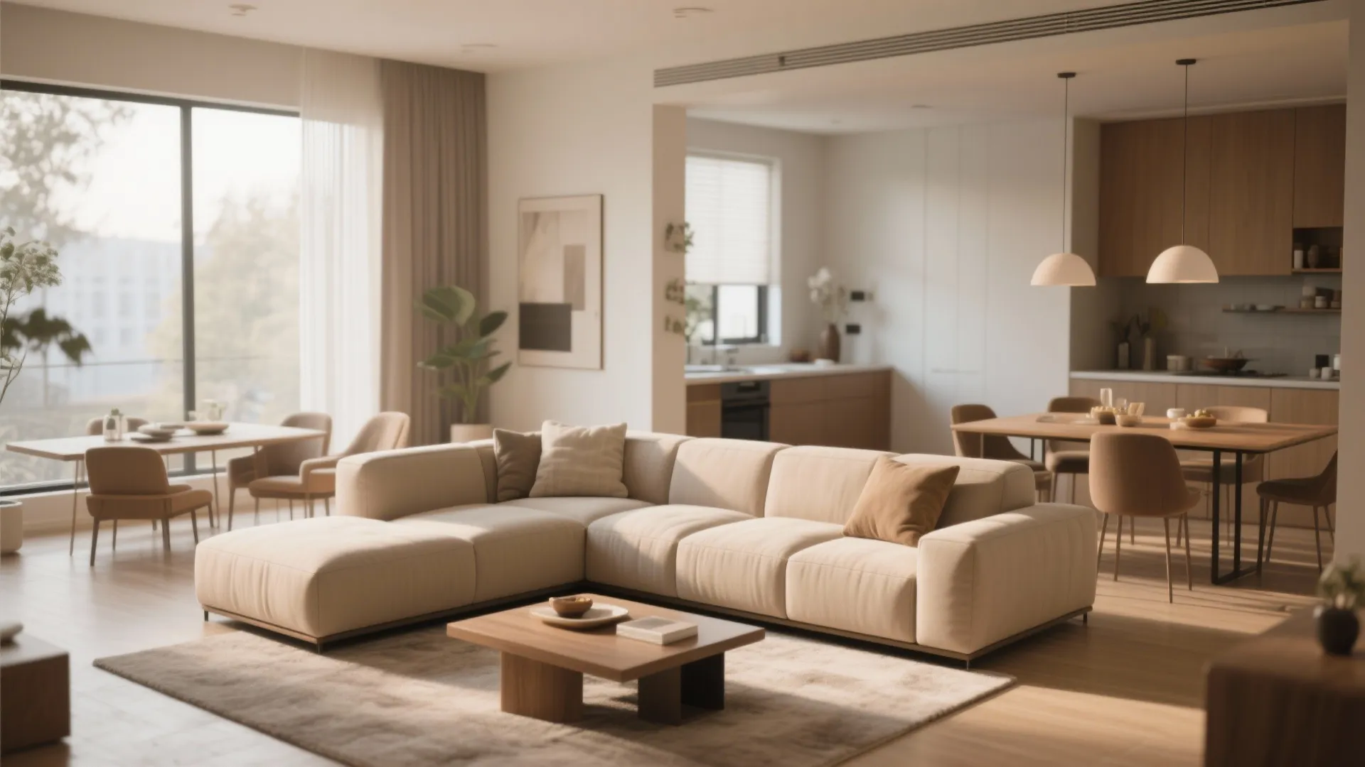 Large beige sofa used to separate an open plan living room from the kitchen area