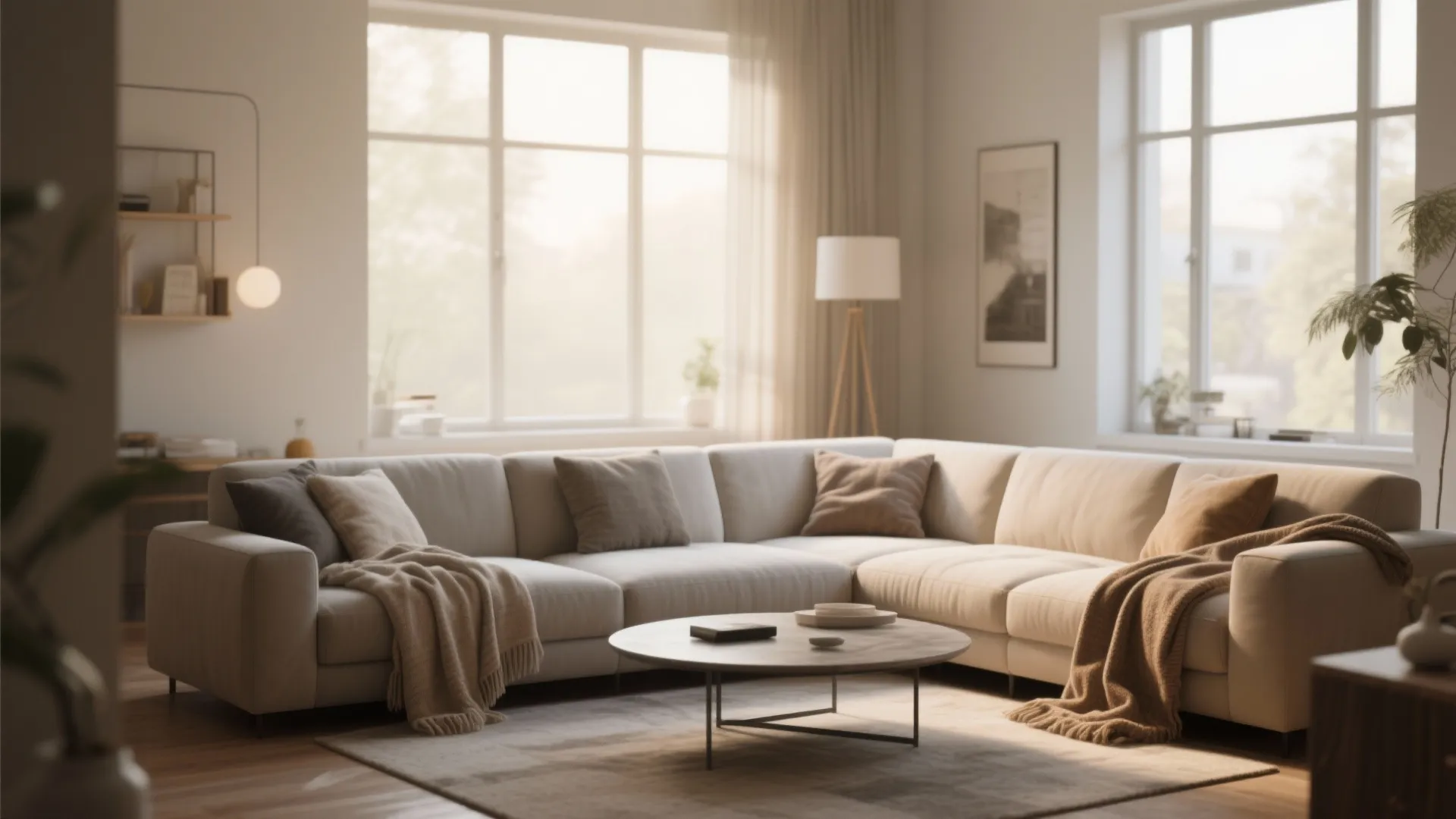 Modern bright living room with large white sectional sofa round coffee table and big windows