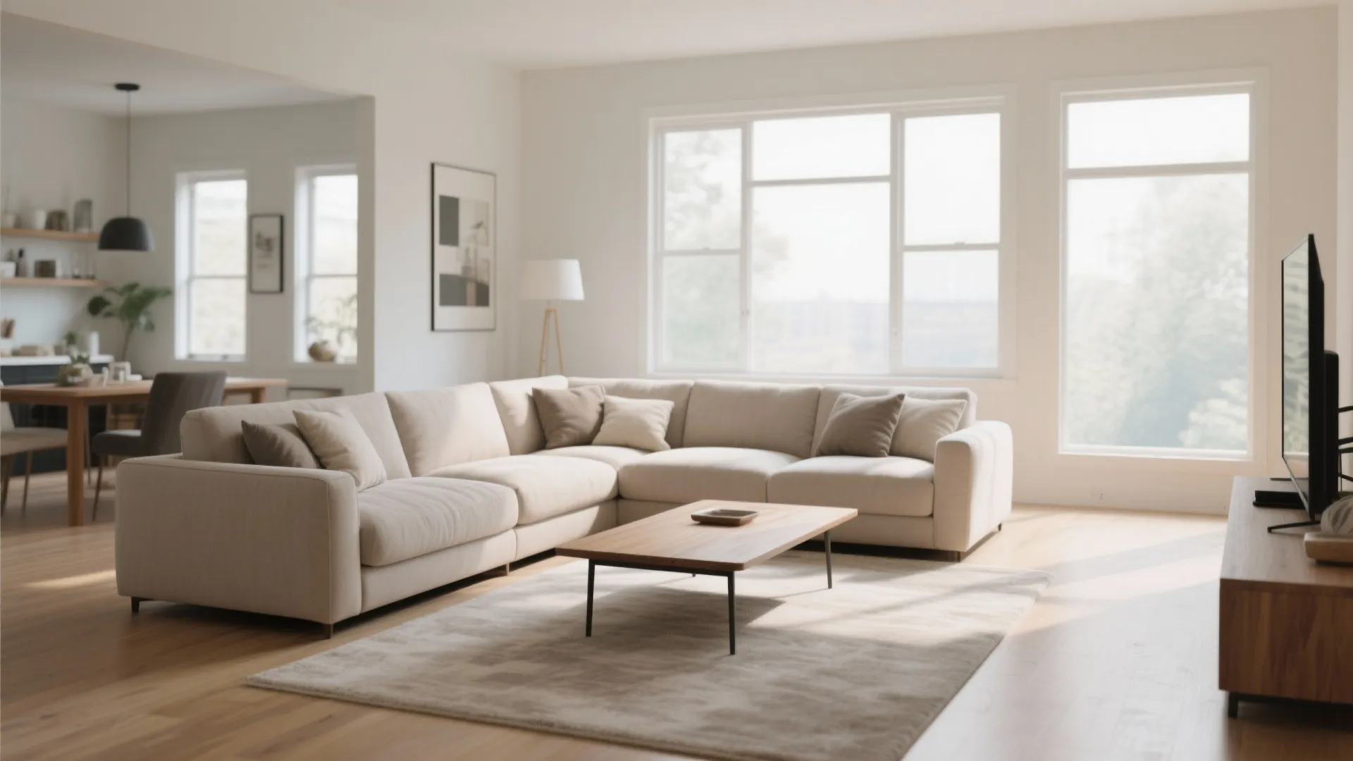 Bright living room with cream sofa wooden floor large windows and a small coffee table