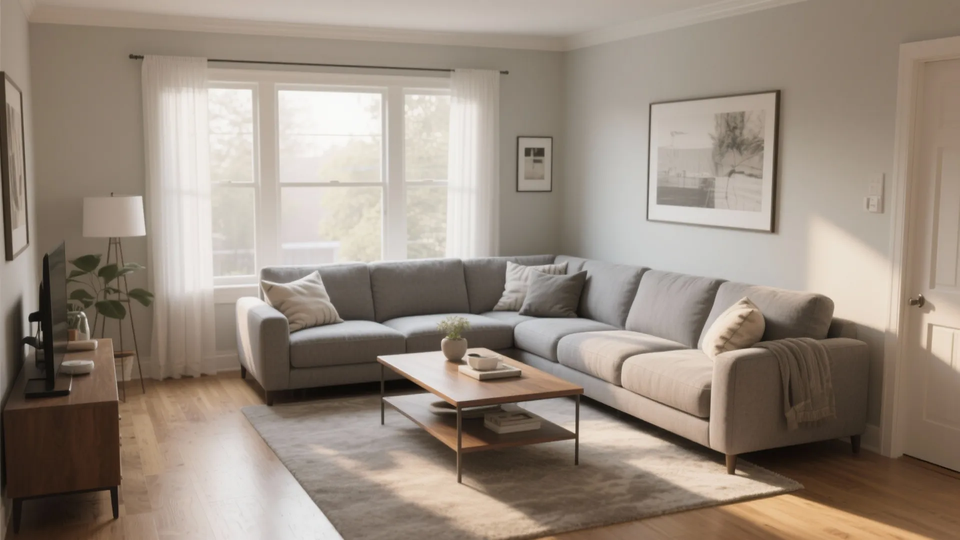 Modern living room with grey corner sofa wooden coffee table large windows and neutral wall colors
